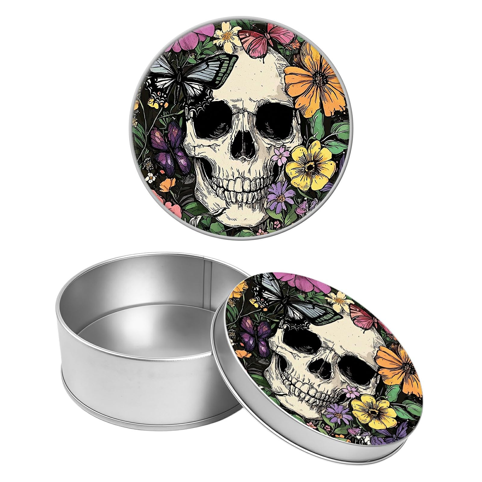 Round Metal Tin Container with Removable Lid, Colorful Flowers Skull Durable Metal Storage Box for Crafts Snacks Candies Office Supplies Small Items 3.54 x 1.38 inch– Single Pack