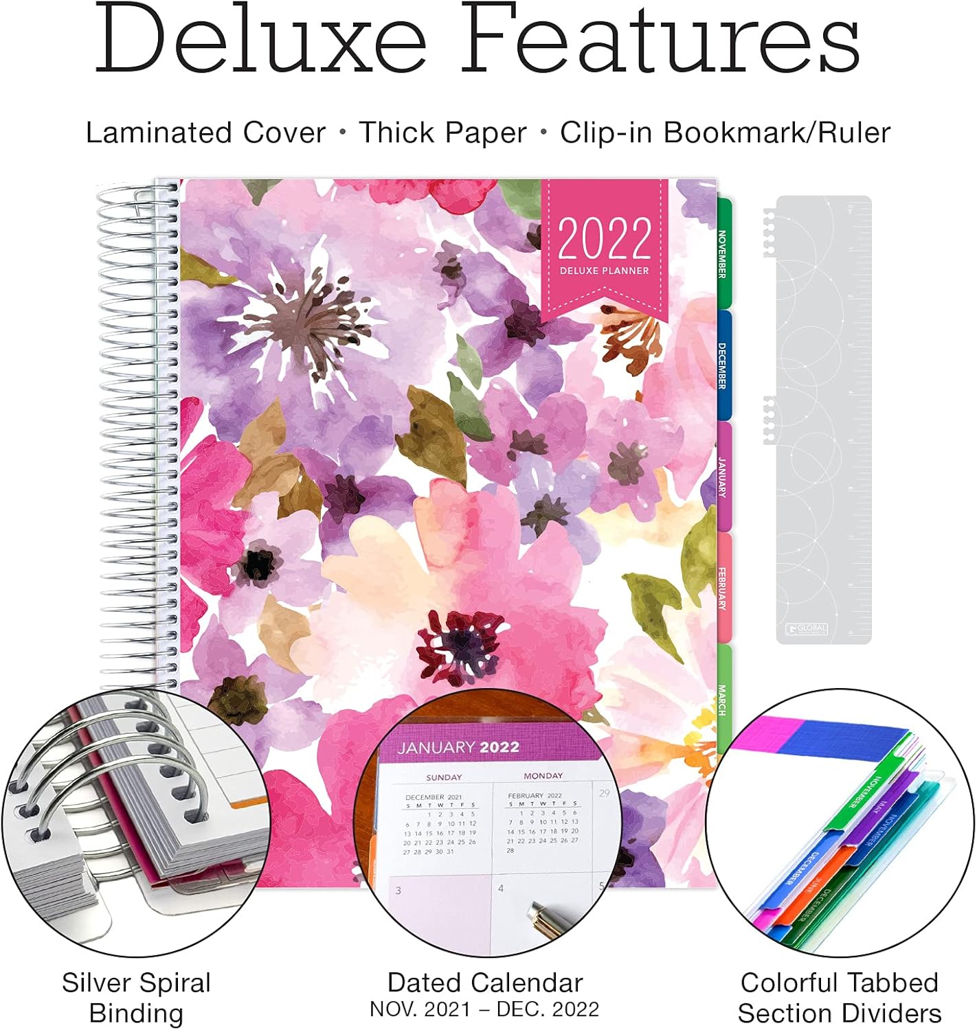 Deluxe Planner: 14 Months (Nov 2021 Through Dec 2022) 8.5"x11" Includes Page Tabs, Bookmark, Planning Stickers, Pocket Folder Daily Weekly Monthly Planner Yearly Agenda (Spring Floral) : Office Products