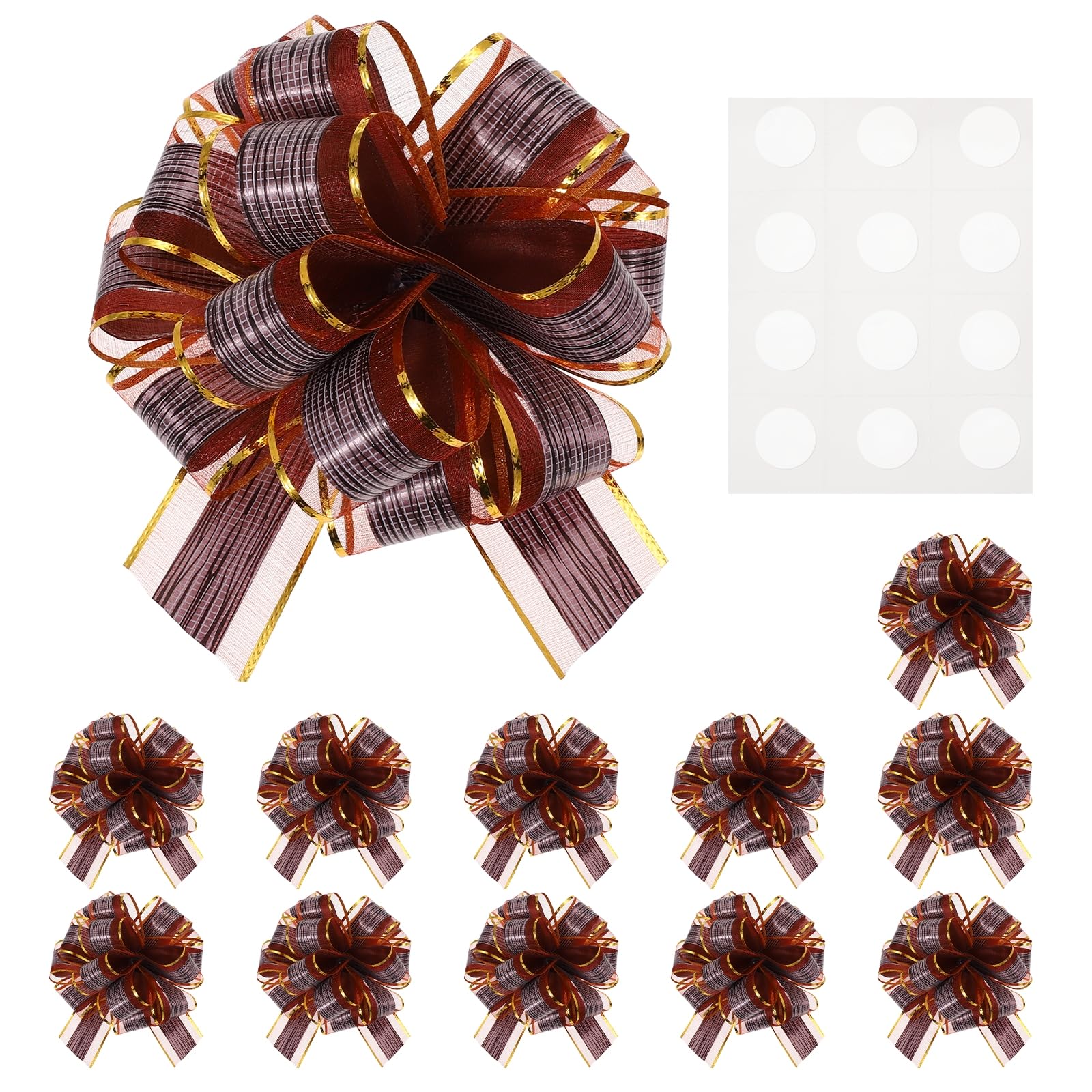 M METERXITY 12-Pack Large Pull Bow for Gift Wrapping, 8.7" x 6.7" Reusable Organza Wood Grain Ribbon Bows with 12 Self-Adhesive Dots for Party/Birthday Decoration[Brown]