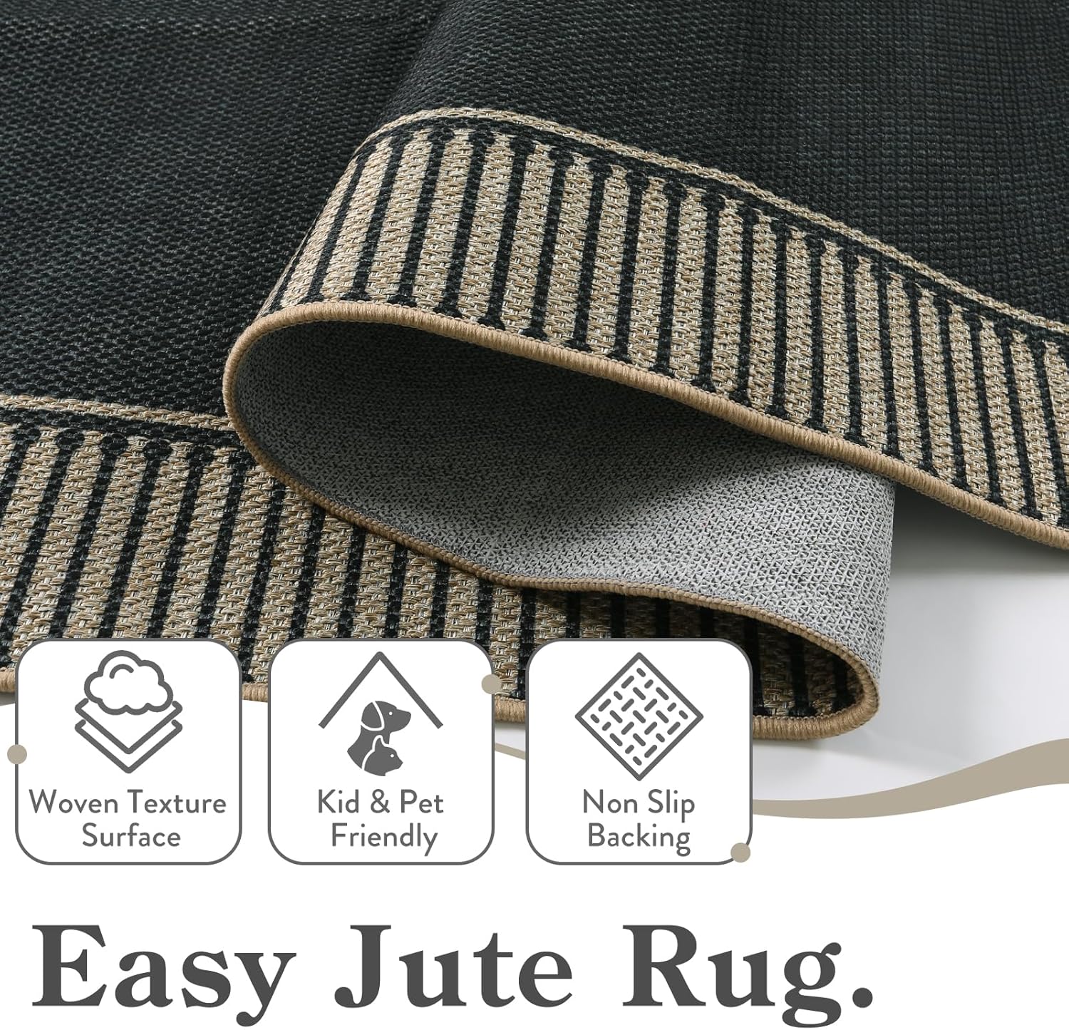 Moynesa Striped Border Easy Jute Outdoor Rug 5x7 Area Rugs for Living Room, Washable Indoor Outdoor Patio Rug Non Slip Low Pile, Black Farmhouse Carpet for Backyard Bedroom Dining Room