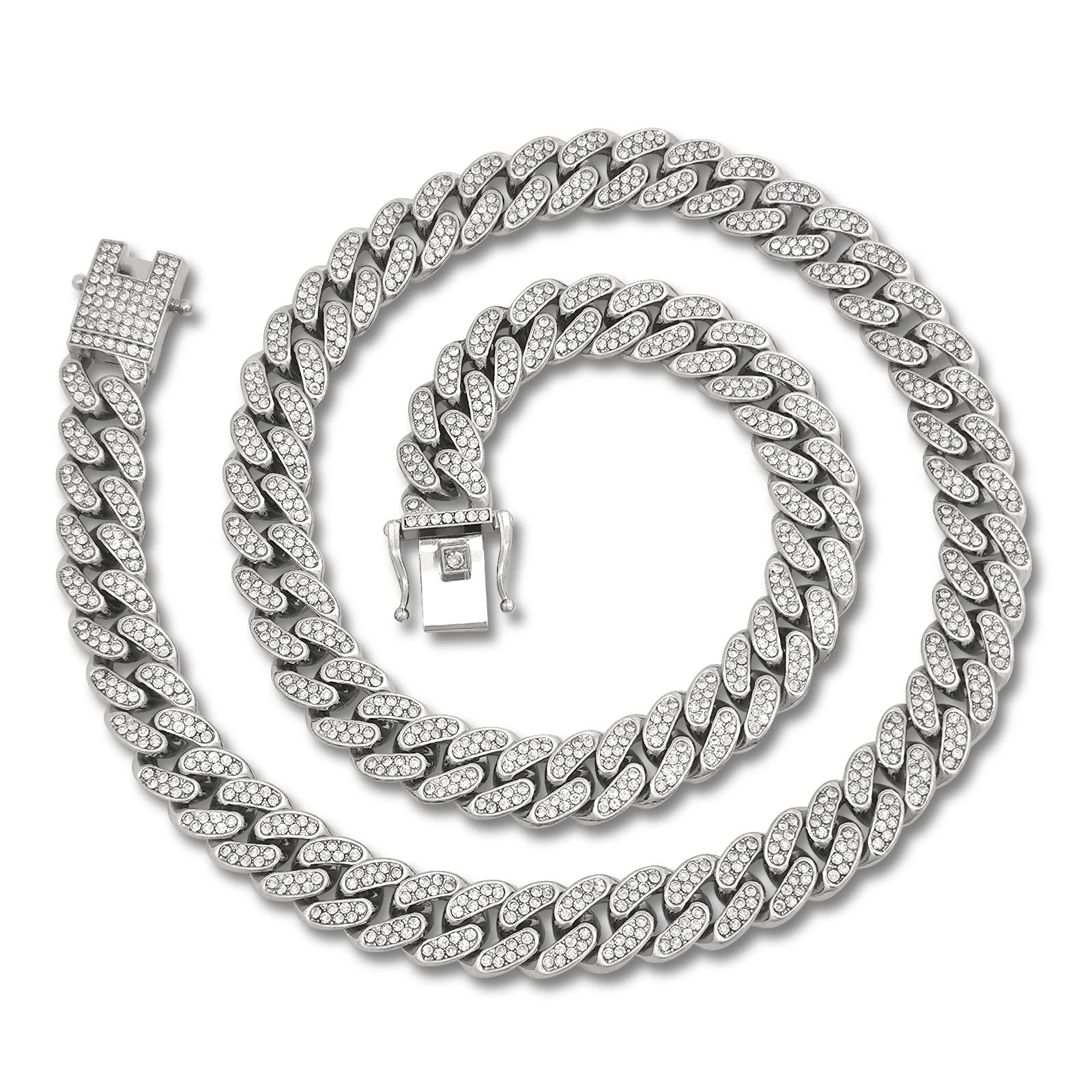 ICEDATAICEDATA Cuban Link Chain Hip Hop Link 13MM Width AAA+ Rhinestone Zinc Alloy Cuban Chain for Men