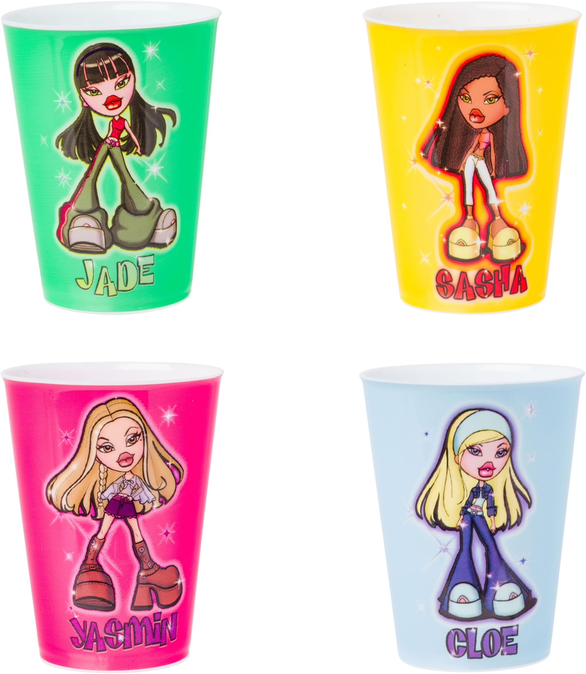 Bratz Sparkle Featuring Jade, Sasha, Yasmin, and Cloe 4 Pack Plastic Mini Cup Set, 1.5 Ounces