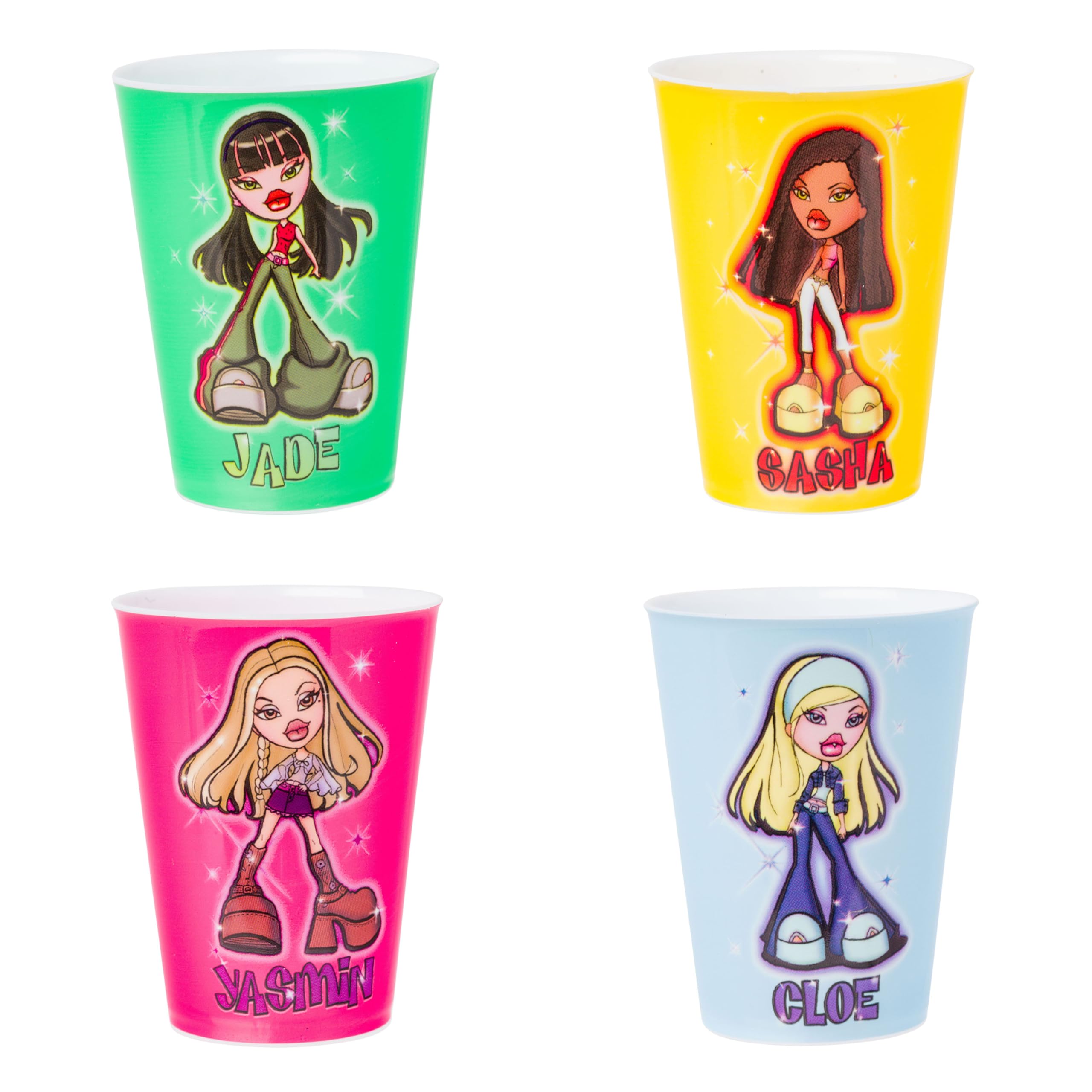 Silver Buffalo Bratz Sparkle Featuring Jade, Sasha, Yasmin, and Cloe 4 Pack Plastic Mini Cup Set, 1.5 Ounces