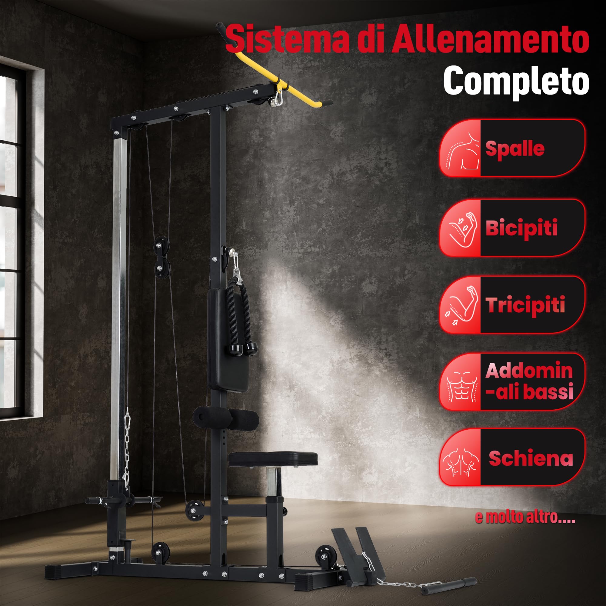 Ultrasport Newest edition - Torre di trazione, robusto sistema a fune con puleggia silenziosa, stazione di trazione, per la casa, con asta per tricipiti e asta per bicipiti, peso utente fino a 100 kg