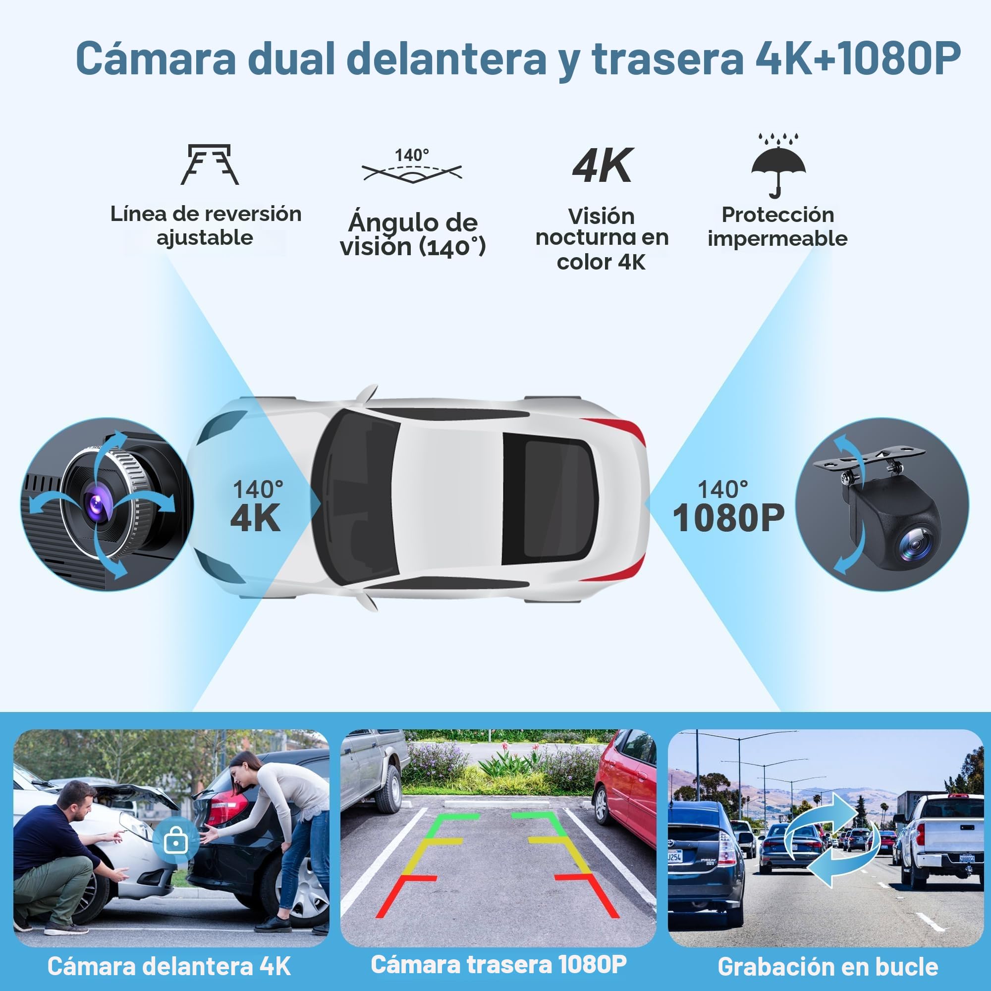 Radio de 9 Pulgadas con Apple Car Play y Android Auto, Reproductor portátil táctil inalámbrico con Control de Voz, cámara Dual 4K Frontal y Trasera 1080p (9 Pulgadas + 2 cámaras)