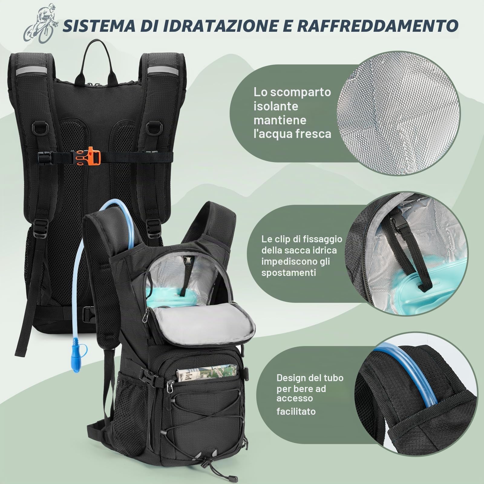RAINSMORE Zaino per bere con bolla d'acqua, 2 l, leggero, isolato, con parapioggia, per uomo e donna