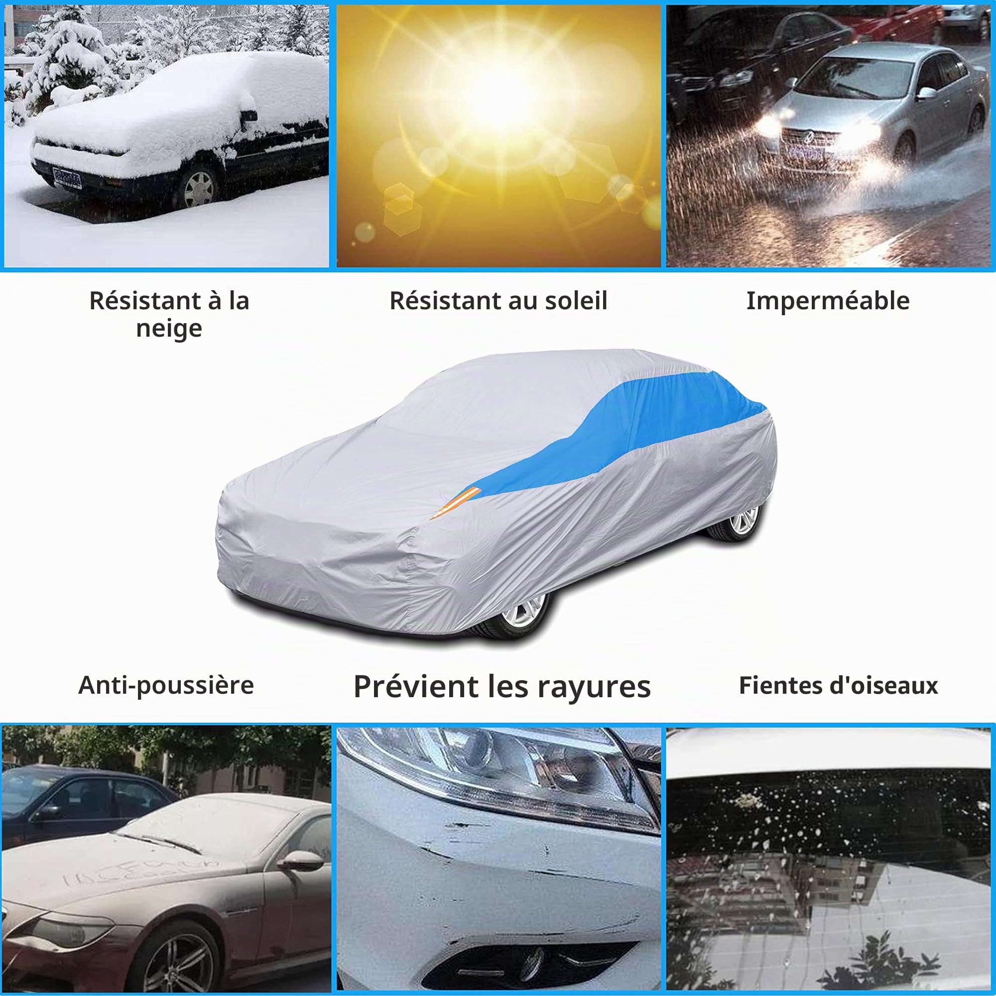 Housse de Voiture extérieure imperméable à l'eau, Anti-UV, Respirante, résistant à la poussière, Pluie, Rayures et Neige Argenté 440 x 180 x 160 cm…