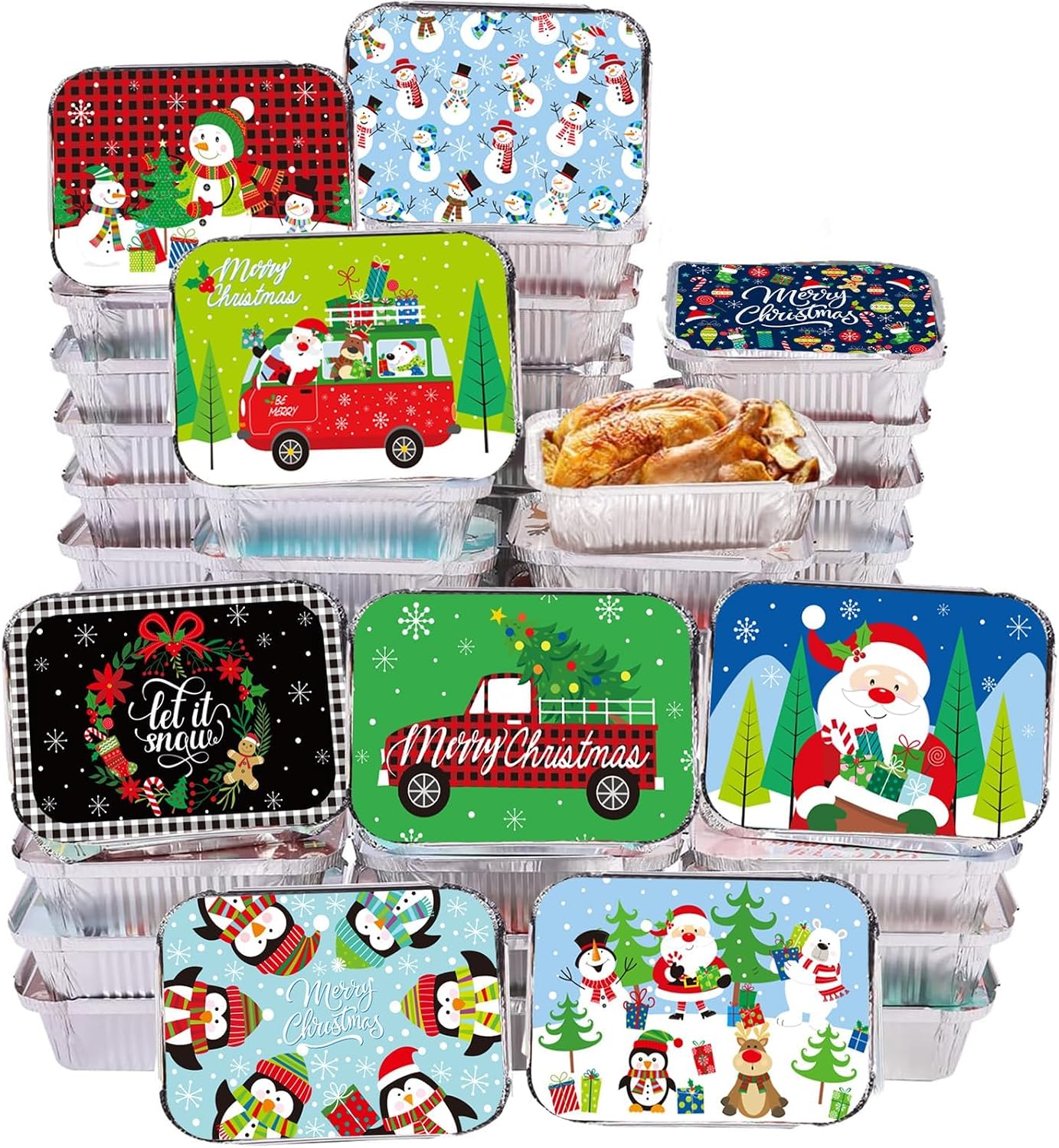 50Pcs Christmas Cookie Tins Aluminum Food Containers with Lids Disposable with Xmas Themed Cardboard Covers Aluminum Foil Baking Pan Cake Pans for Cooking,Heating,Roasting,Holidays BBQ 7.3x5.3 Inch