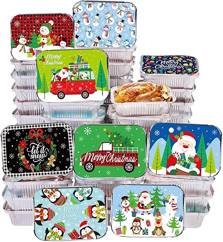 50 recipientes de aluminio para galletas de Navidad, con tapas, desechables con cubiertas de cartón con temática navideña, moldes para hornear, para