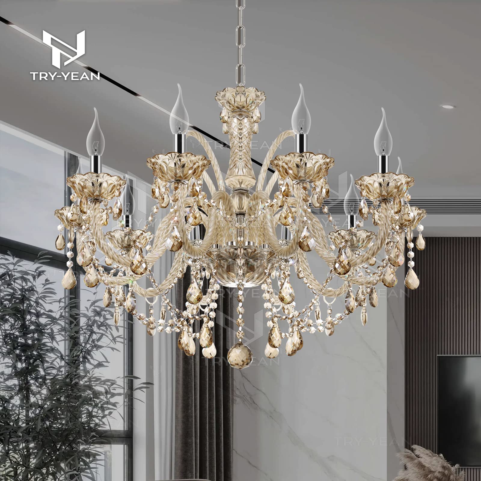Lampada a 10 Braccia Moderno Lampadario in Cristallo Sospensione Cognac E14 Plafoniera Soffitto K9 Illuminazione Candela Regolabile per Camera da Letto, Soggiorno, Sala da Pranzo, Corridoio