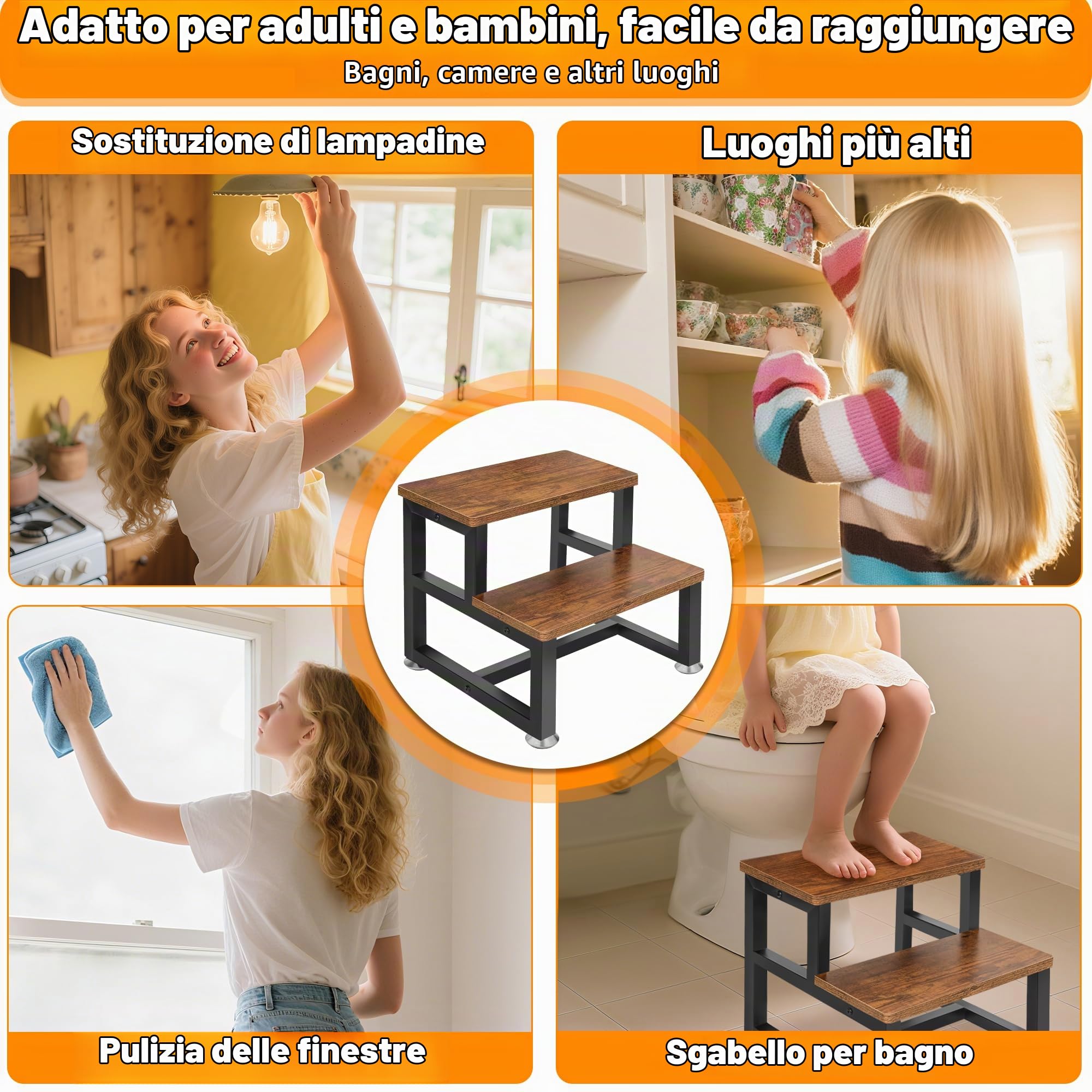 Sgabello per bambini,trave inferiori ispessite,telaio in metallo,2L | portata fino a 136 kg, per cucina, bagno, cameretta dei bambini, struttura stabile,1L