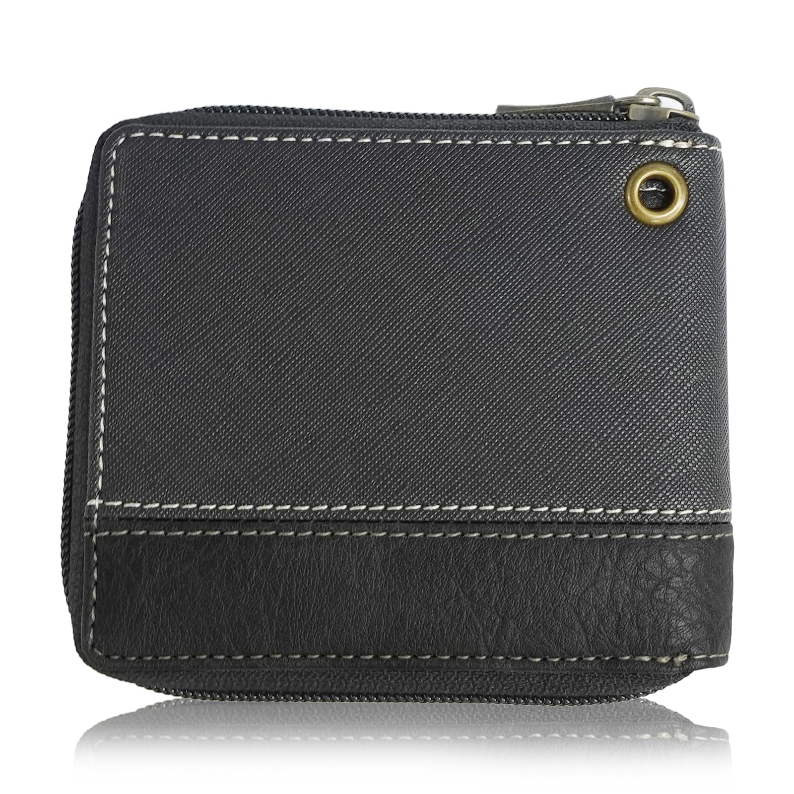 Edwin Men's Bi-Fold Wallet, Synthetic Leather, Round Zip, Coin Storage, Card Storage, Embossing, Stitching, Rivet, Black, F