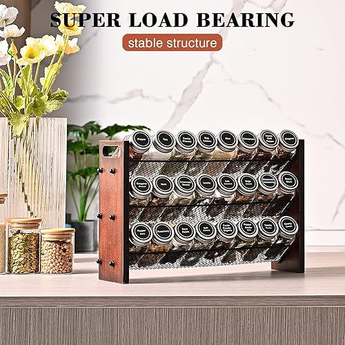 Miniatura 2 de Roykoota Estante para especias, organizador de especias sin tarros de condimentos, estante de especias de madera, estante rústico de 3 niveles para