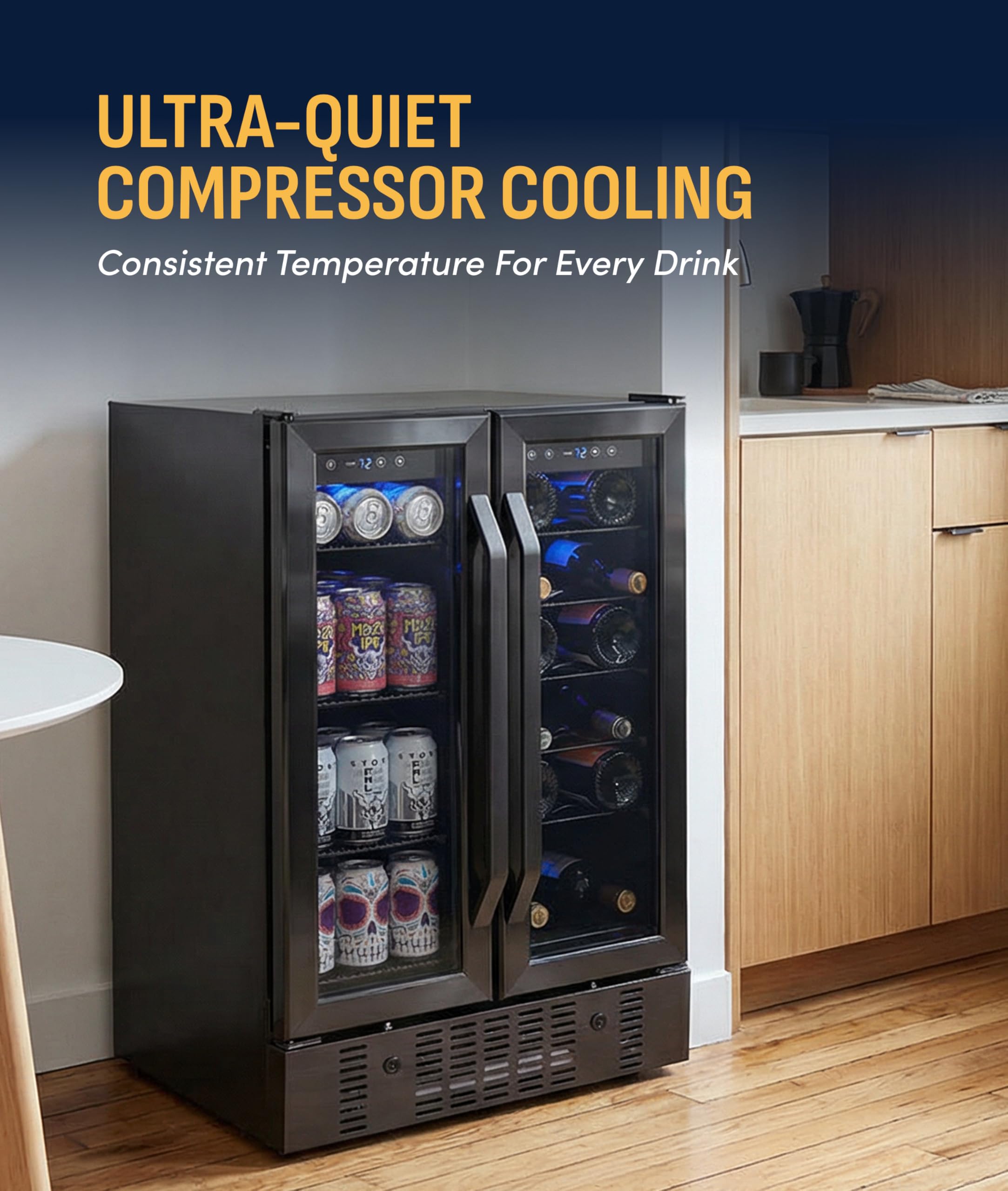 NewAir 24" Dual Zone Beverage Refrigerator & Wine Cooler For 18 Bottles & 58 Cans | Freestanding Or Built-In Under Counter Mini Fridge For Beer, Wine And Soda | Black Stainless Steel on Fridge.com - View 6