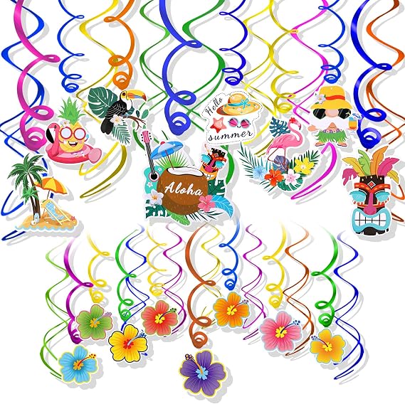 HOWAF 30 Pcs Hawaiian Tropical Luau Birthday Party Hanging Swirls Hibiscus Flower Parrot Flamingo Foil Swirl Decorations Ceiling Decorations for Luau Tiki Aloha Beach Summer Party Decoration Supplies