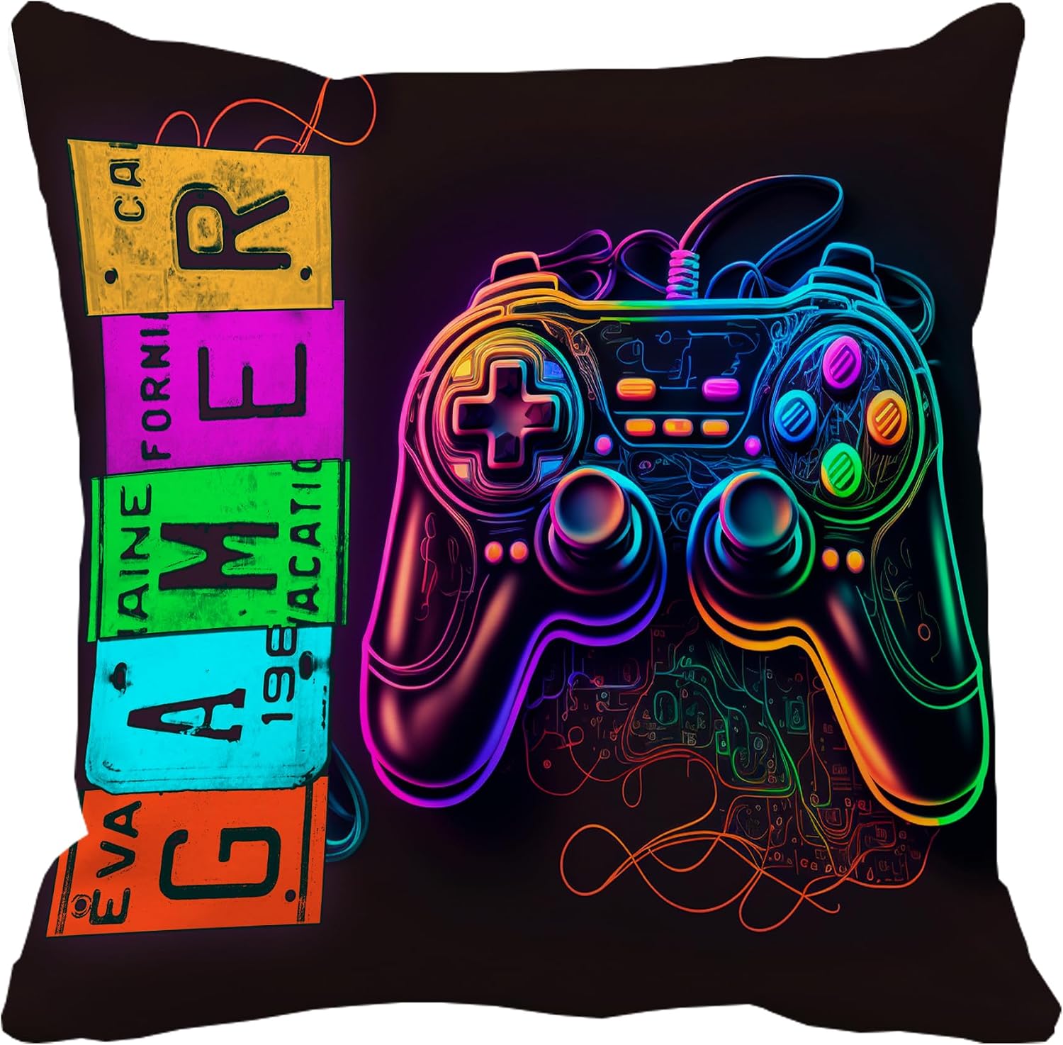 Leaveland Neon Video Game Controller 18x18 Inch Throw Pillow Cover Luminous Gaming Decorative Soft Square Cushion Case Playroom Teen Boy Son Gamer Party Decor Christmas Day Gift Accent Pillowcase Sham