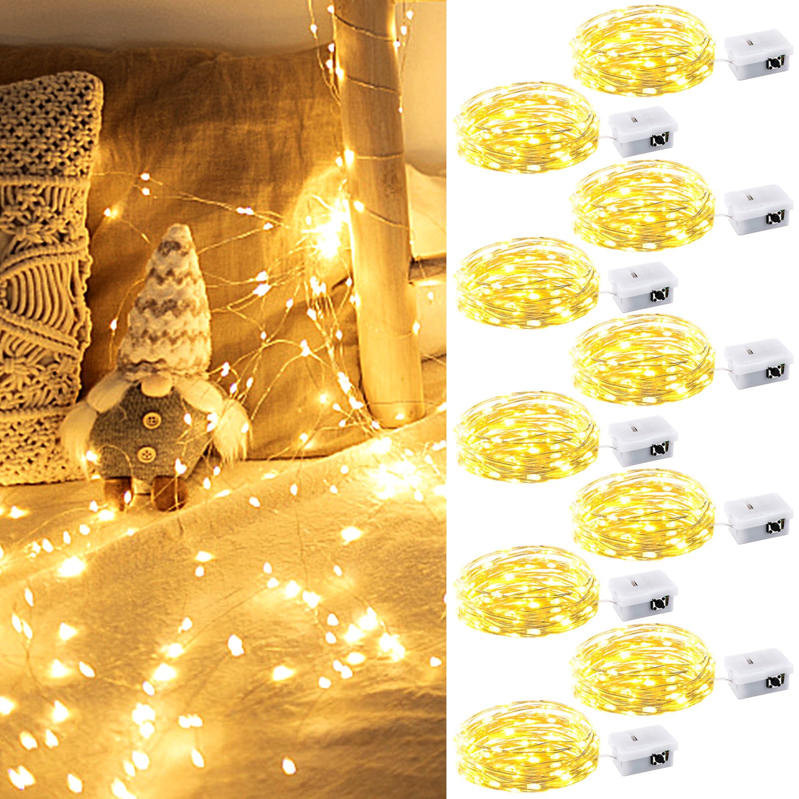 BROTOU LED String Lights, 3 Modes 3M 30 LED Battery Operated Fairy Lights, Waterproof Copper Wire Lights for in/Outdoor Decoration, DIY Parties of Christmas, Halloween, Birthday (Warm White, 10 Pack)