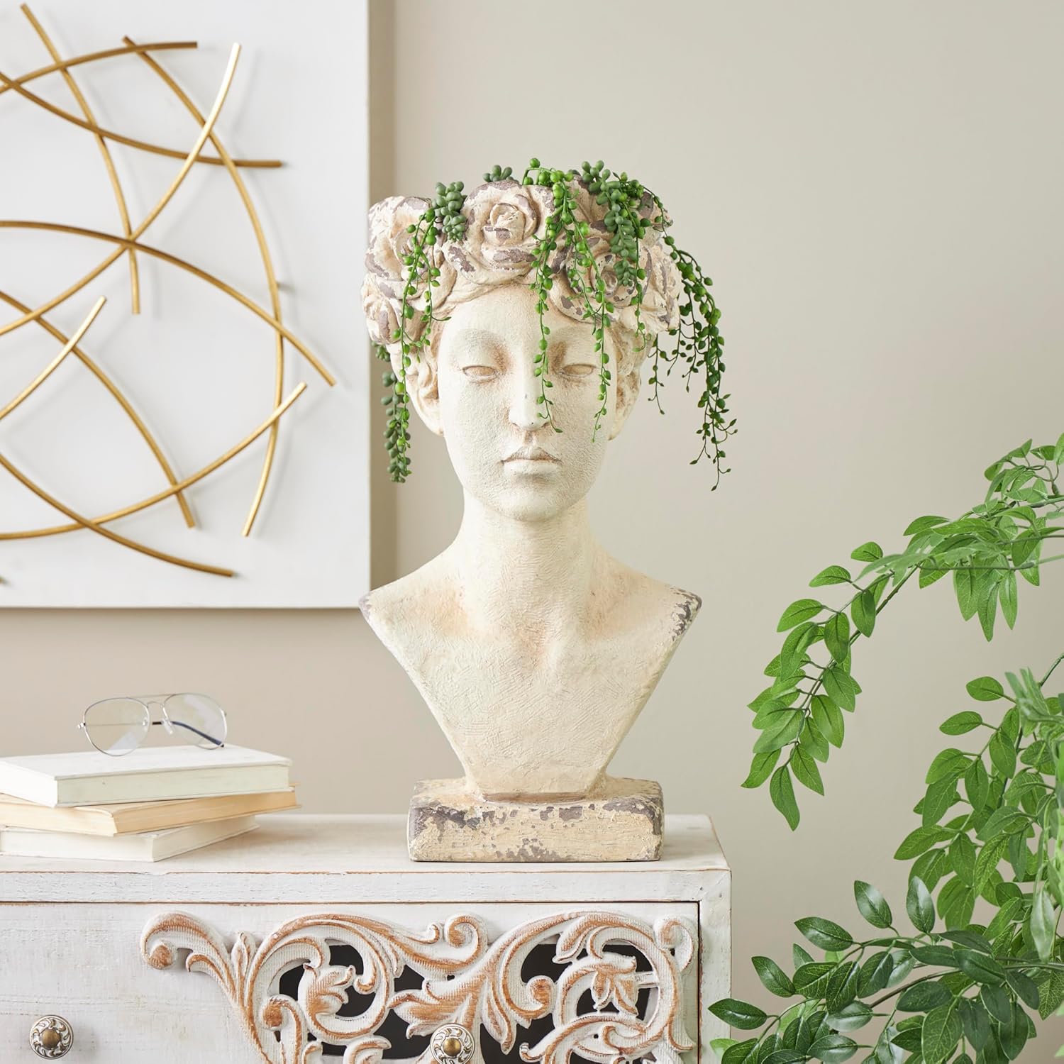 Deco 79 Magnesium Oxide Woman Indoor Outdoor Planter Distressed Antique Greek Bust Large Planter Pot with Floral Accents, Planter 11" x 10" x 22", Cream