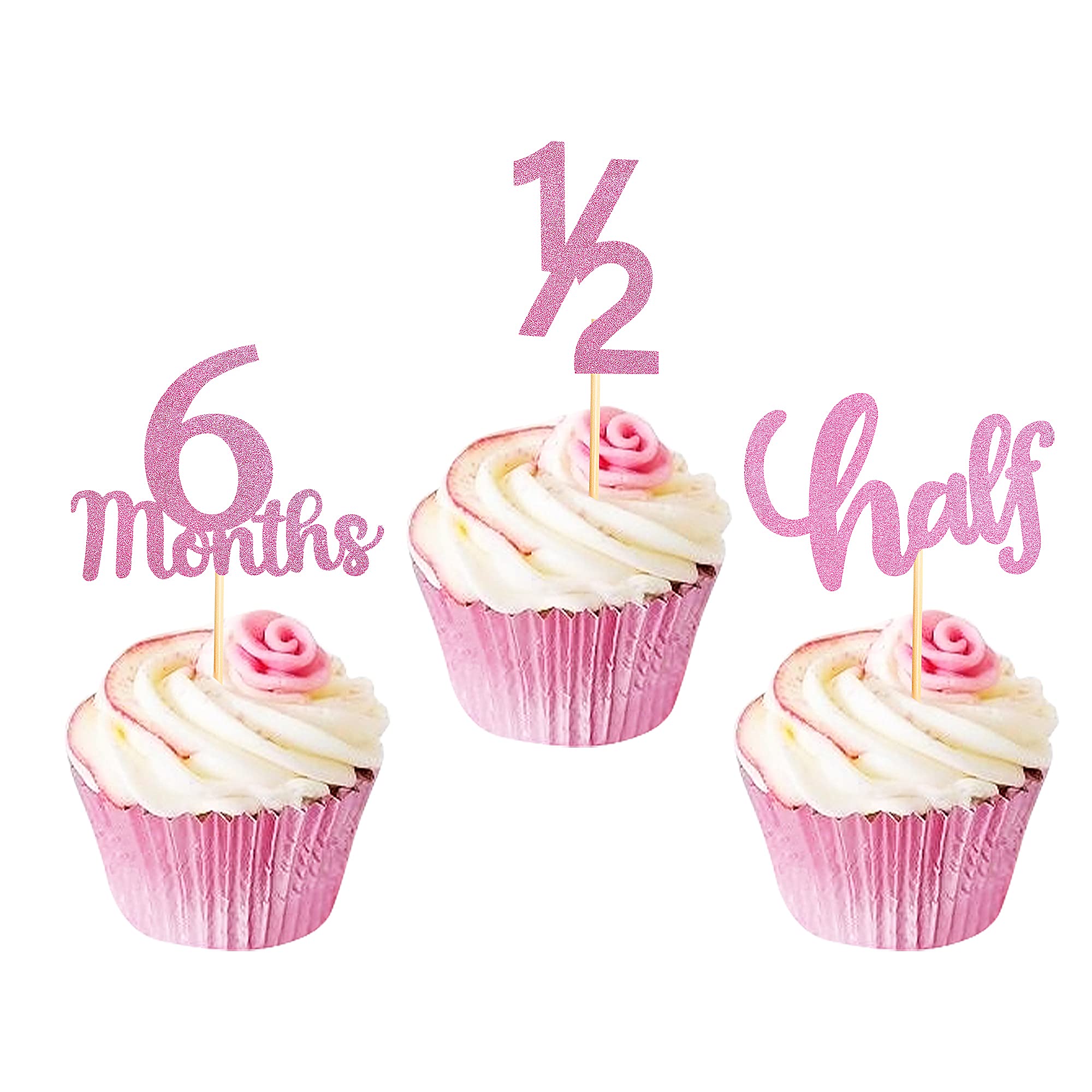 Blumomon 24Pcs Pink Glitter 6 Months 1/2 Birthday Cupcake Toppers Half Year Birthday Food Picks for Baby Shower Party Decorations