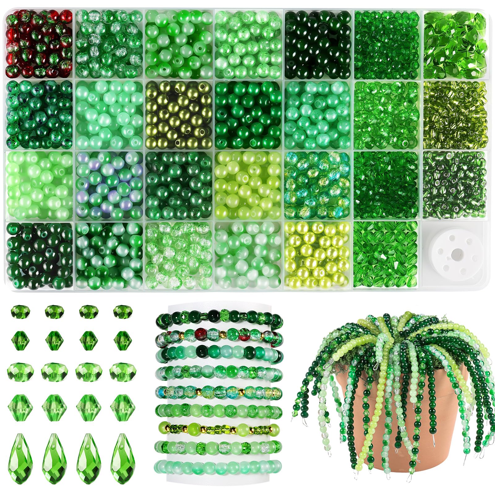 Funtopia 1600pcs Green Glass Beads for Bracelets, 6mm Crystal Beads