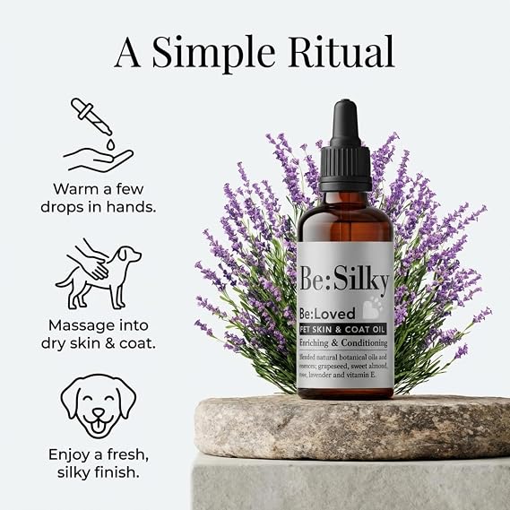 Be:Loved - Be:Silky Pet Fur & Coat Oil - 50ml - Cat and Dog Detangler - Natural Skin & Coat Massage with Grapeseed, Sweet Almond, Rose & Lavender - Handmade in UK