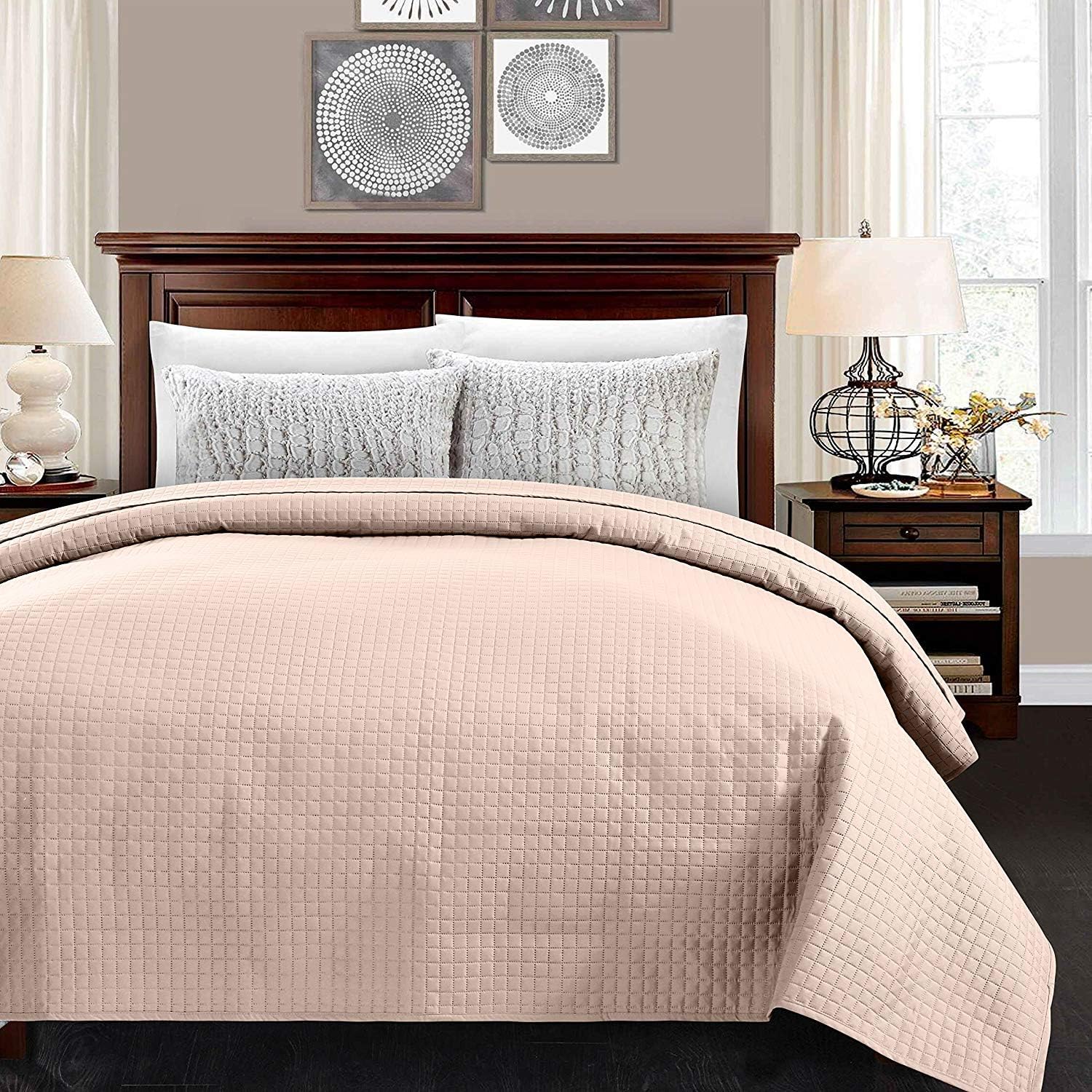 ALPHA HOME Quilted Bed Quilt King Size 102"*86" Polyester Lightweight Checked Bedspread Quilt Machine Washable One Piece Duvet Cover Reversible Cozy Coverlets for All Seasons, Camel
