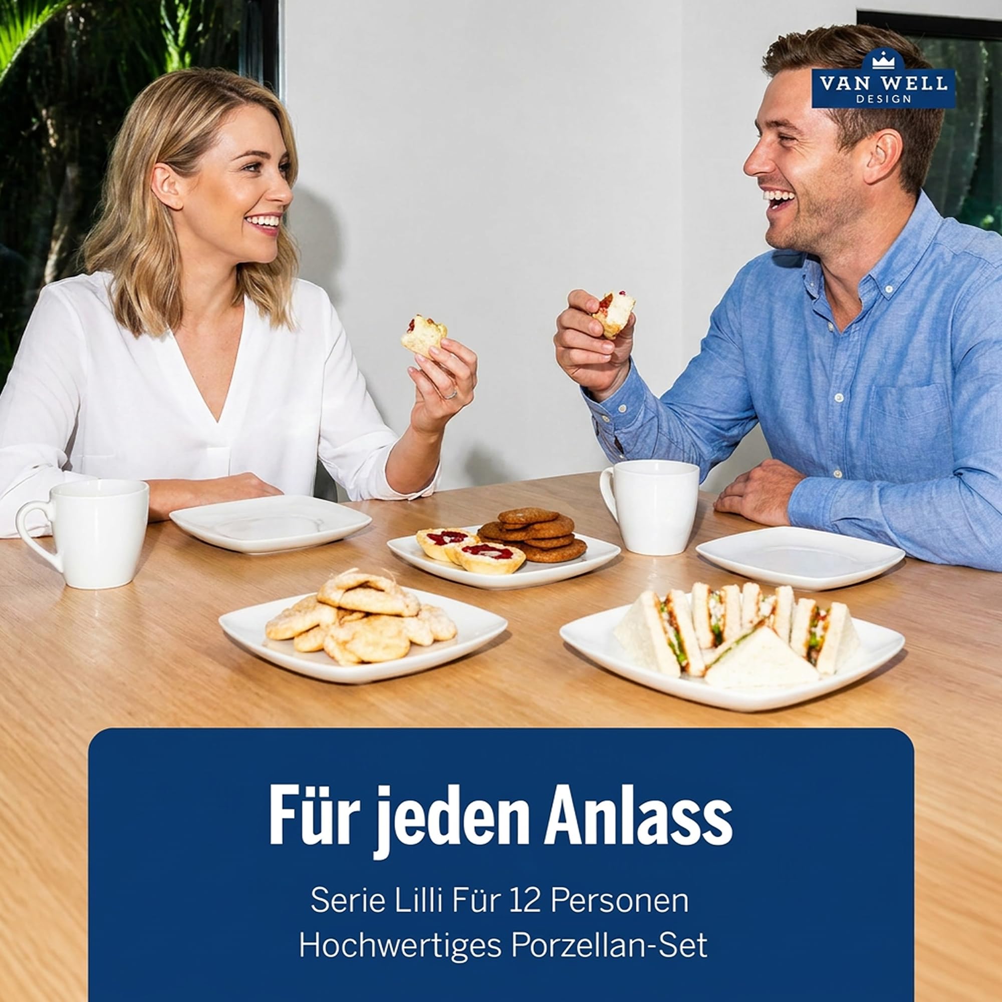 Van Well Lilli Porzellan Geschirrset 36-teilig – Modernes, eckiges Kaffee Geschirr Set in Weiß – Kombiservice für 12 Personen – Tafelservice & Geschirr für Gäste – Mikrowellen- & Spülmaschinengeeignet