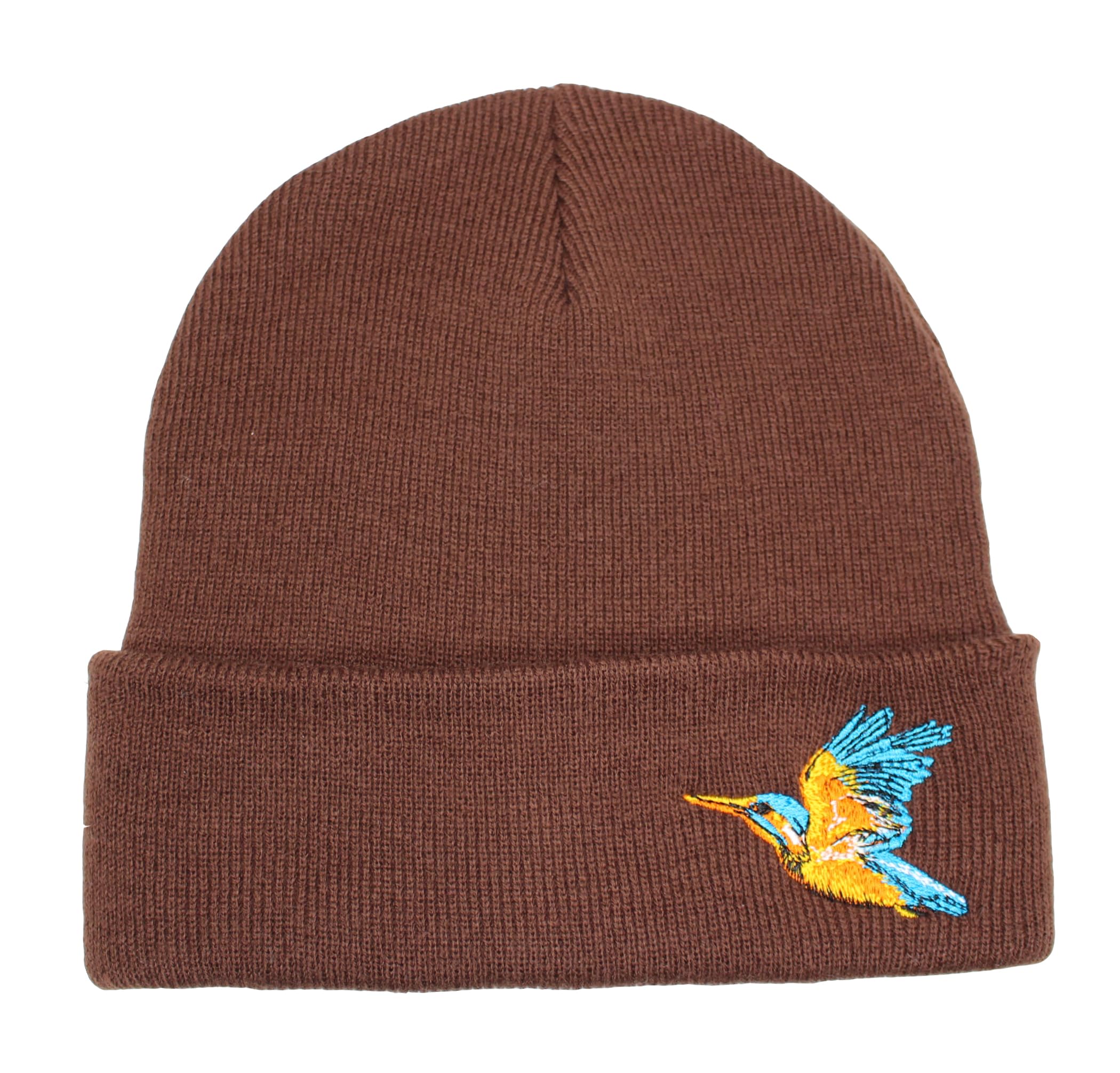 TeddyT's Adult Kingfisher Embroidered Soft Fine Knit Chocolate Brown Beanie Hat