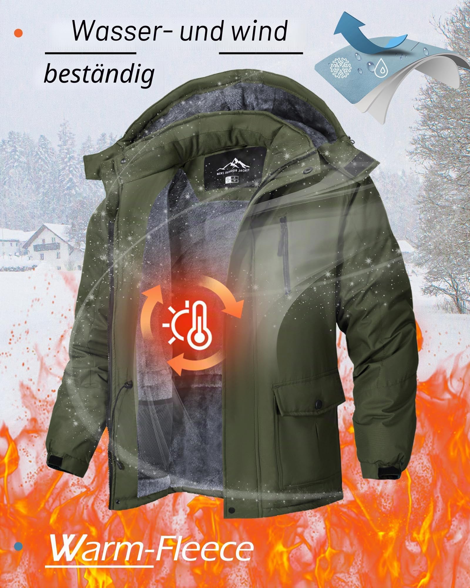 Tansozer Herren Winterjacke Winddicht Atmungsaktiv Wasserabweisend Gefüttert Wander Regenjacke, Armeegrün, M