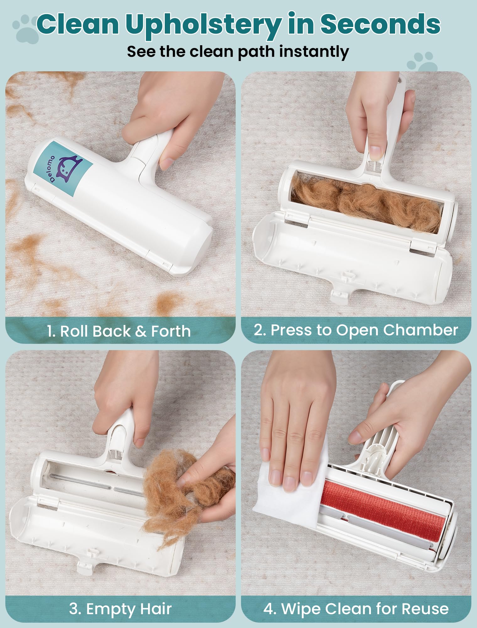 DELOMO Pet Hair Removal Tool: Reusable Lint Roller for Pet Hair, Pet Hair Remover with Built-in Fur Bin, Self-Cleaning Cat and Dog Hair Remover for Couch, Furniture, Bed, Car, Carpet, Clothes - image 4