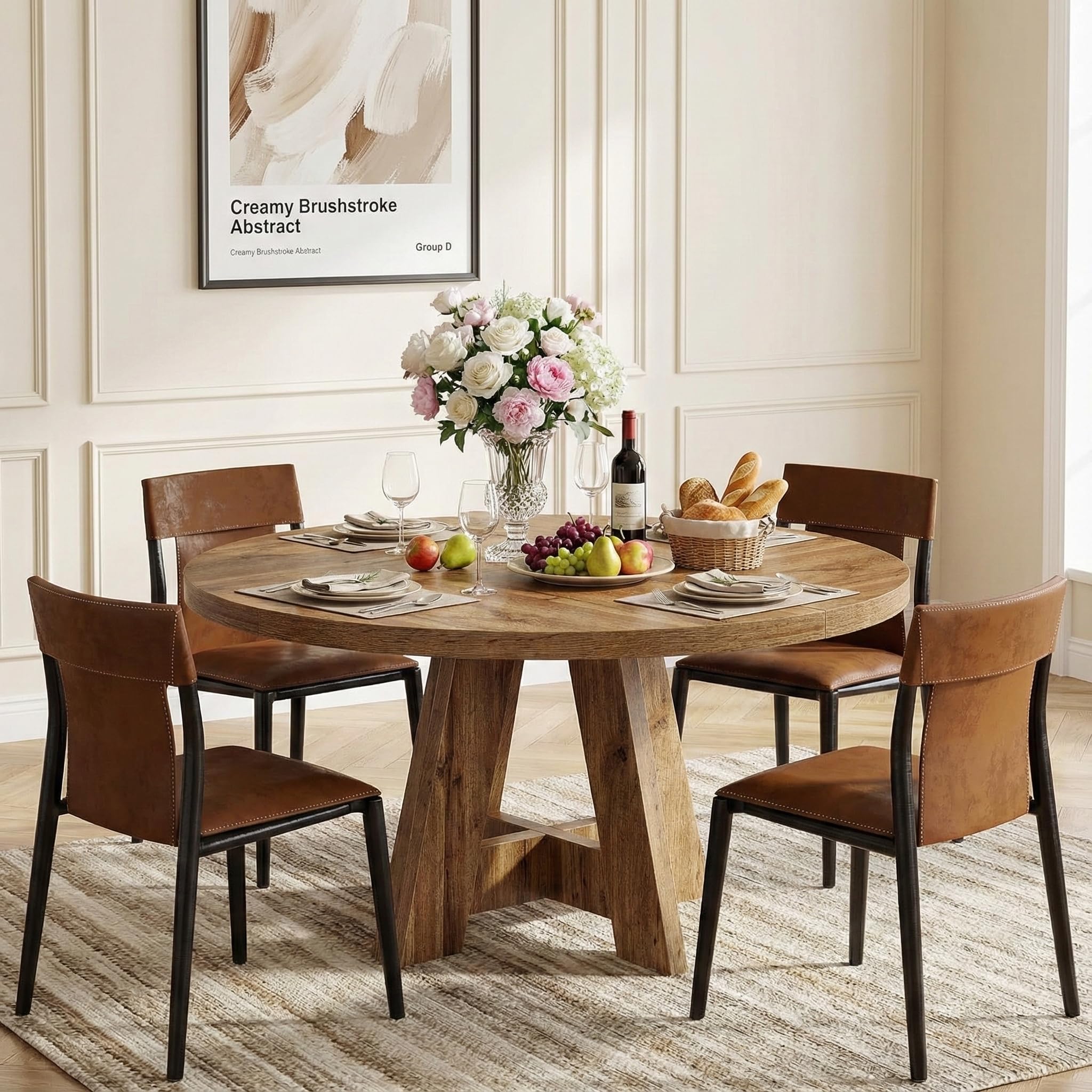Lailang 120cm Mesa de Comedor, Mesa Redonda, Mesa de Cocina, Mesas Rusticas Comedor, Mesa para 4 Personas, 120 x 120 x 75 cm, Burlywood