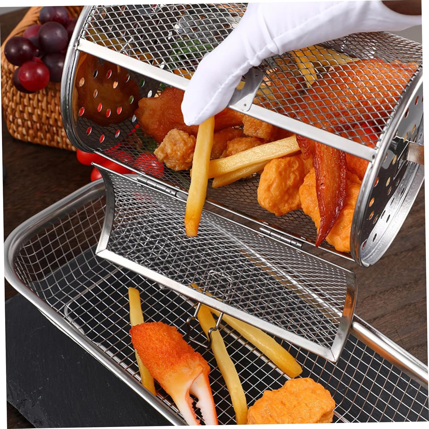 Rotary Grilled Cage for Oven Rotating Stainless Steel Barbecue Basket with Unique Door Design for Even Heating and Access for Nuts and Bbq Dishes