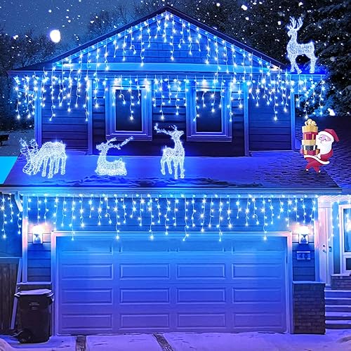 Miniatura 32 de Luces de Navidad de carámbano para exteriores, 33 pies, 400 luces LED de carámbano para exteriores con 75 gotas, luz de Navidad impermeable
