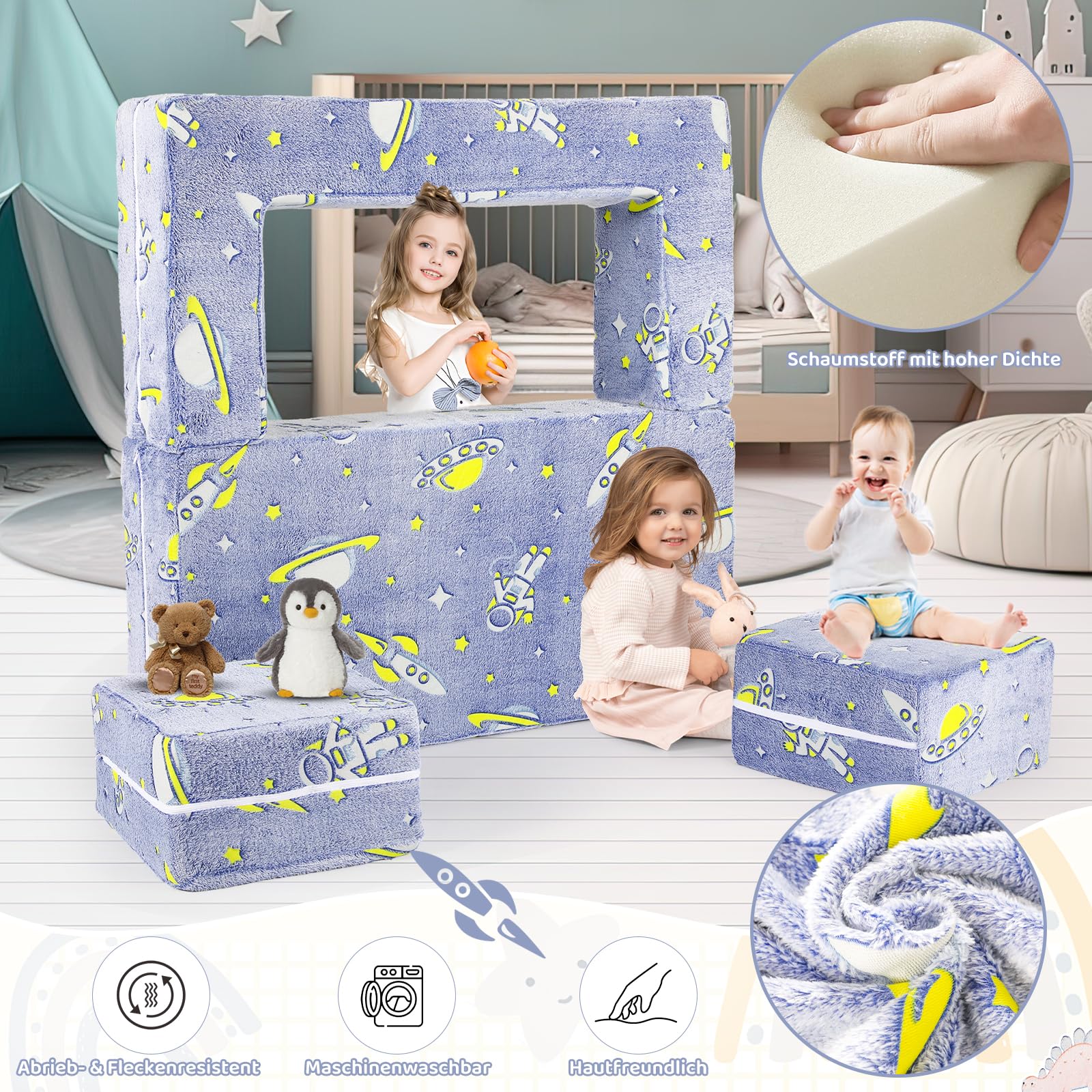 Canapé Enfant Convertible 2 En 1 Dino - Fauteuil Pliant Brillant Dans Le Noir Pour Filles Et Garçons