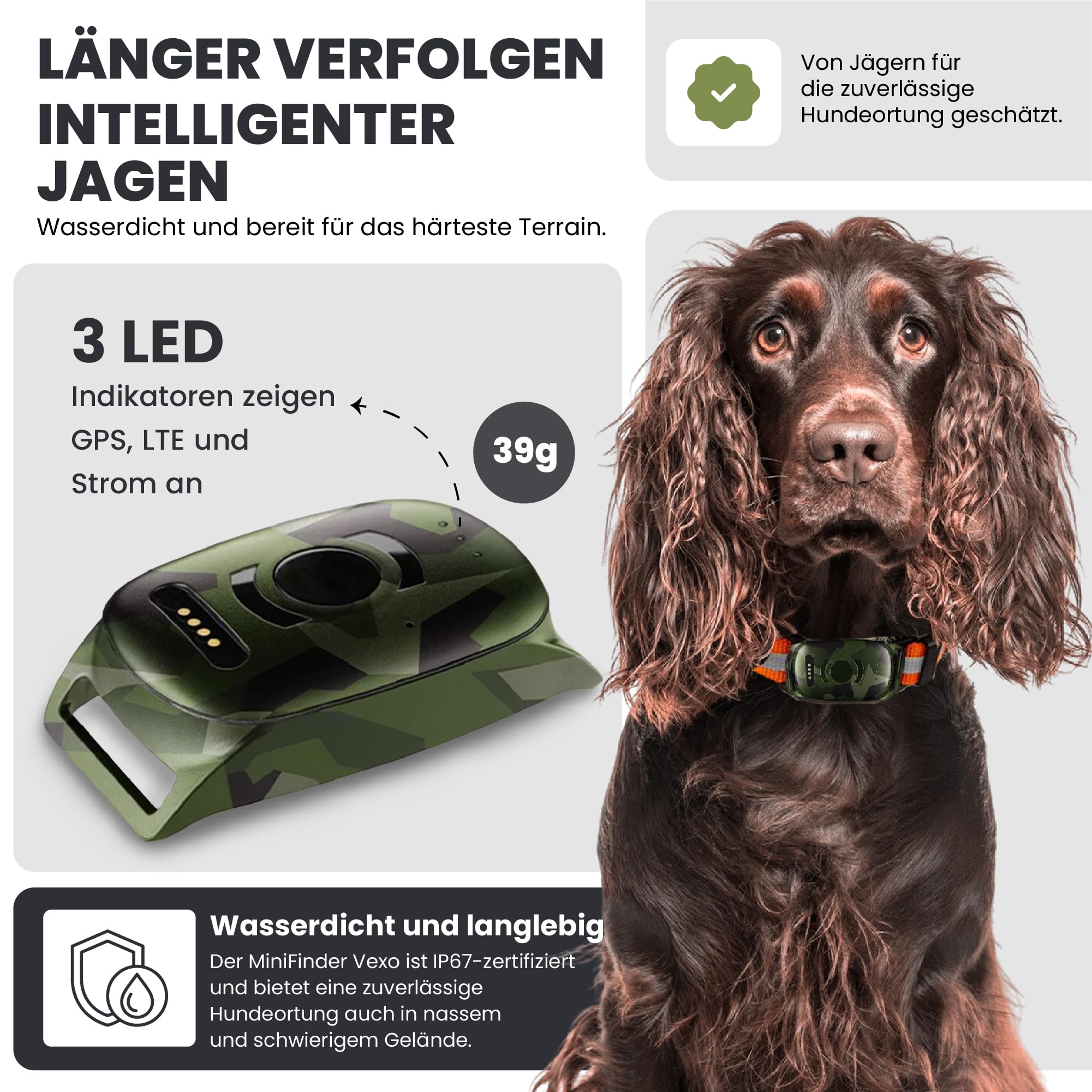 MiniFinder Vexo GPS Jagdhund-Tracker – Kompakte Hunde-Ortung in Echtzeit – Unbegrenzte Reichweite & IPX7 Wasserdicht – Robustes M90 Camo Design – Ideale Ergänzung zum Funk-Hundepeilsender