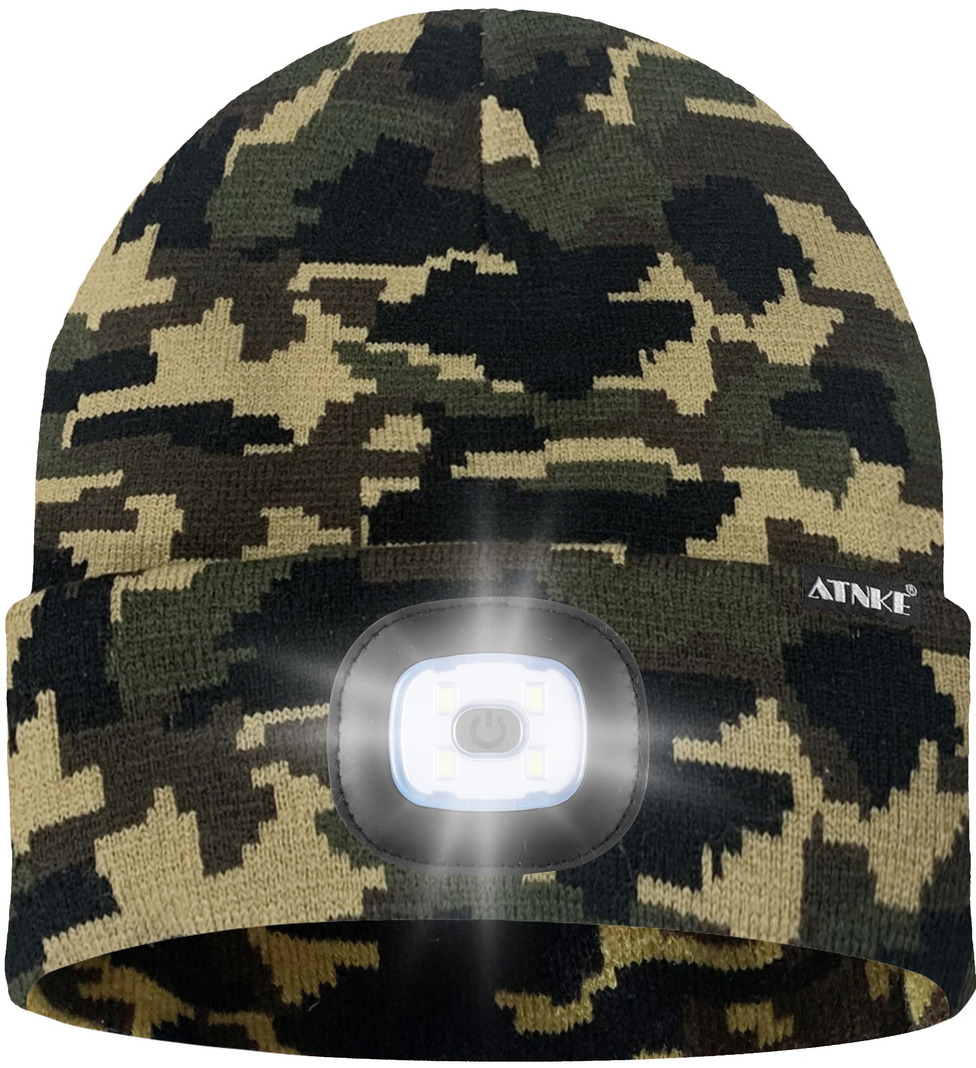 ATNKE LED Lighted Bluetooth Beanie Hat,USB Rechargeable 4 LED Wireless Music Running Headlamp Cap Gift for Men and Women/#Camouflage Green