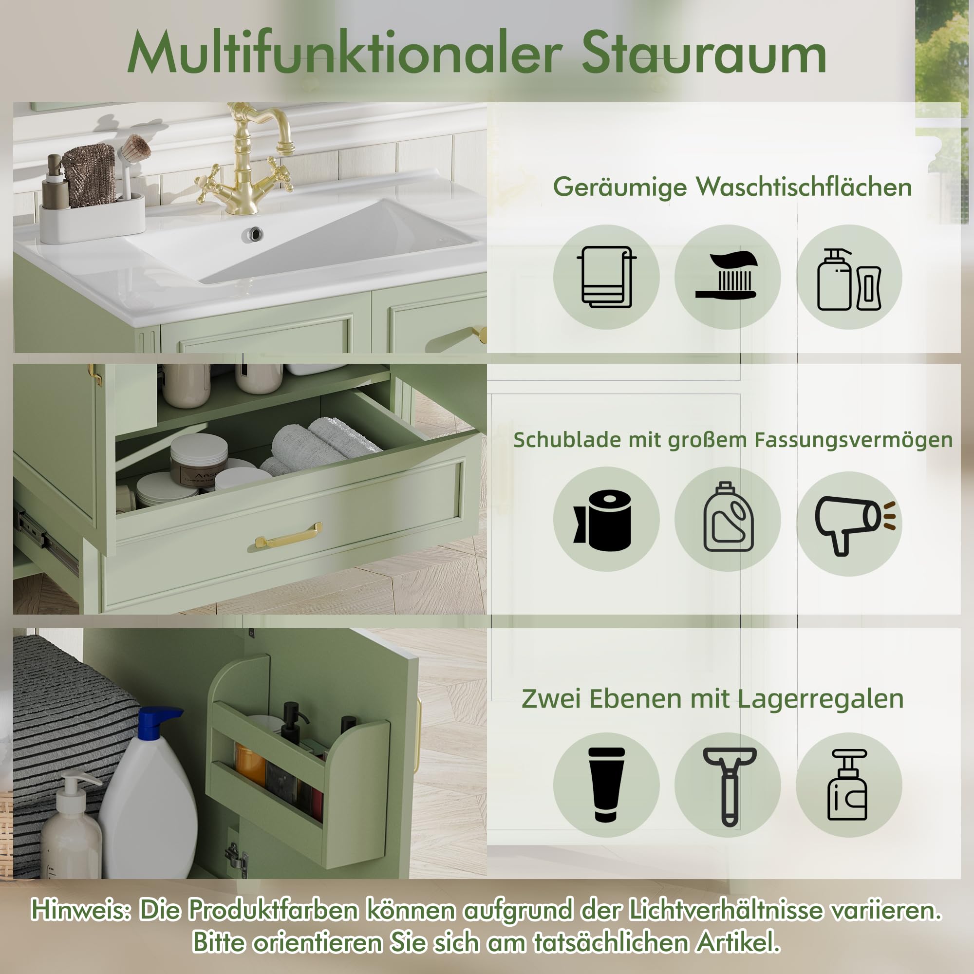 Meuble lavabo 81 cm avec Vasque en céramique, Petit Meuble sous-Vasque avec 3 Tiroirs et Rangement Caché, Poignées Dorées, Désign Simple Moderne, WC Invités, Salle de Bain, Vert-G