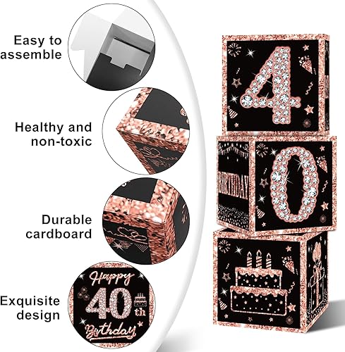 Miniatura 5 de Eiurteao 3 cajas de decoración de cumpleaños número 40 para mujer, cajas de globos de feliz cumpleaños de 40 años de oro rosa, suministros de