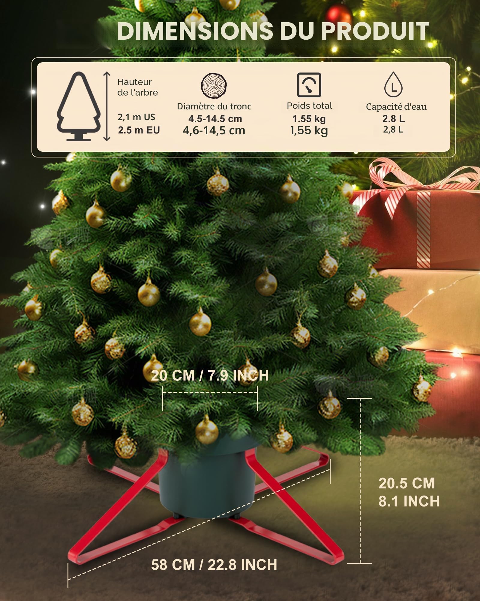 PUDO Pied de Sapin de Noel: Support Pied Sapin de Noël avec réserve d'eau, Pied de Sapin avec roulettes Metal pour Arbres jusqu'à 2,5 m de Tronc 4,5 à 14,5 cm - Christmas Tree Stand Star Rouge Vert