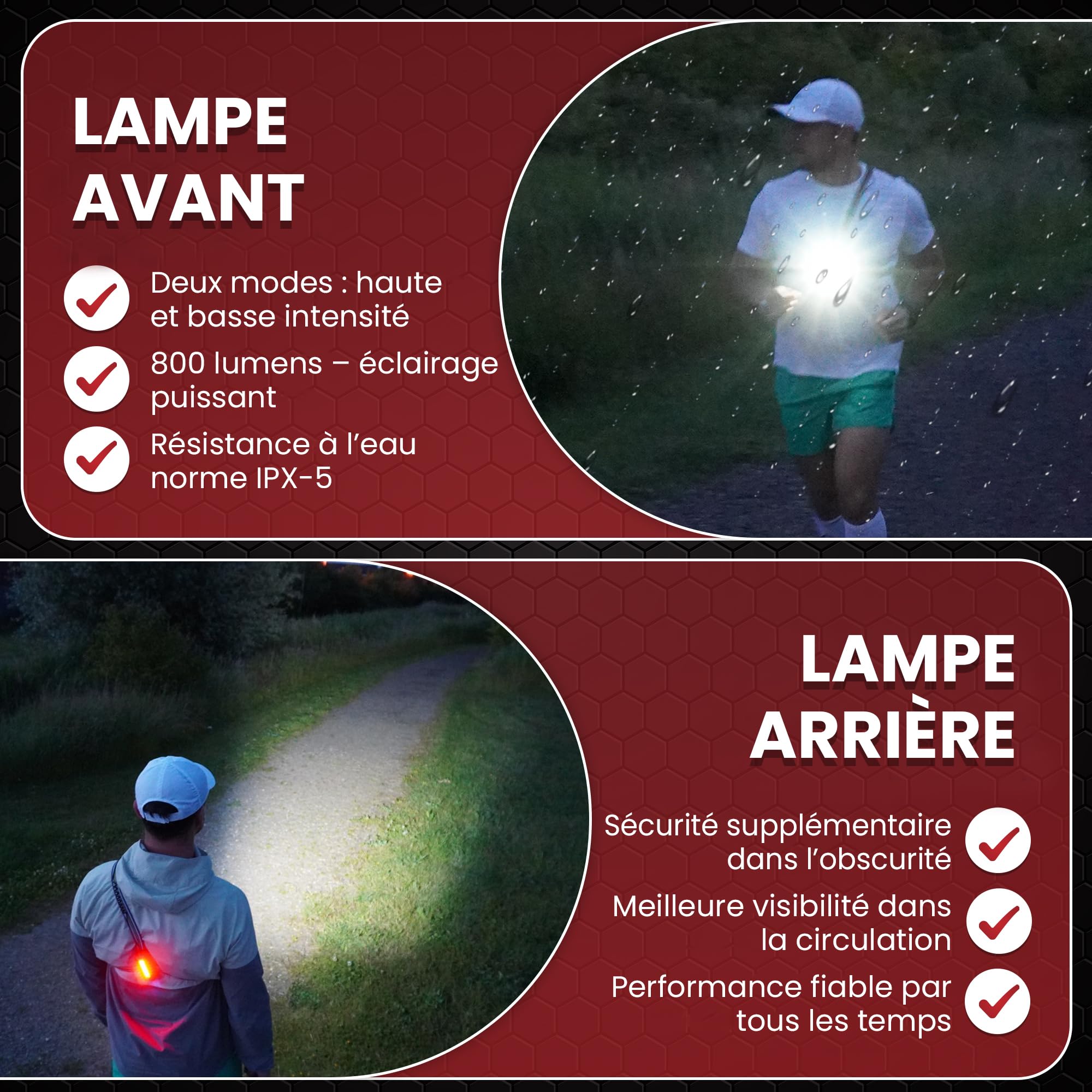 LUMEFIT Lampe Course à Pied - LED Sécurité Ultra Lumineuses et Bandes Réfléchissantes à 360° pour Jogging et Randonnée - Légère et Confortable - Batterie Longue Durée, Rechargeable Via USB