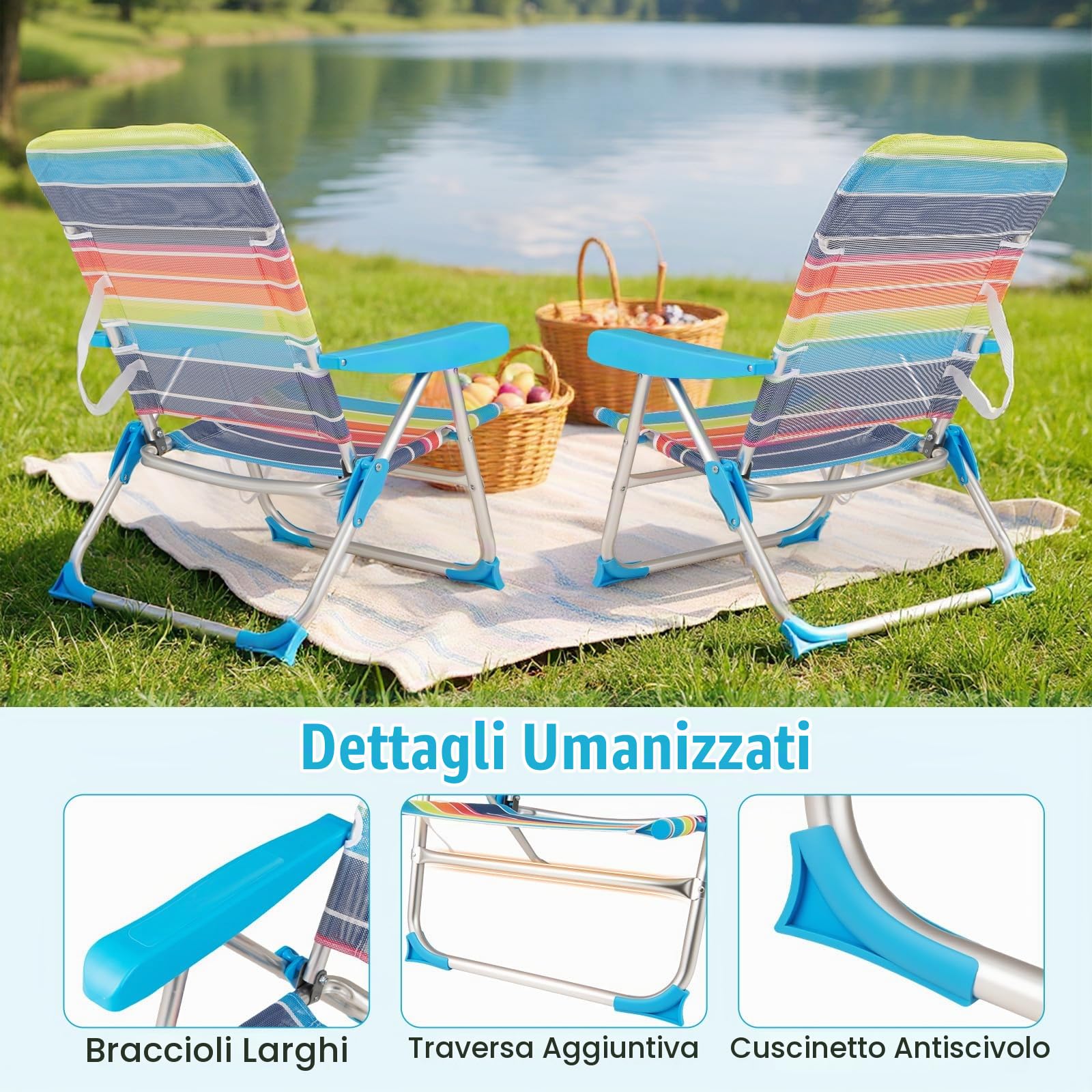 RELAX4LIFE Set di 2 Sedie da Spiaggia, Sedia Pieghevole con Schienale Regolabile a 4 Posizioni, Braccioli, Tracolla, Alluminio Leggero, Portatile, Capacità 150kg, per Picnic, Pesca (64 x 64 x 83 cm)