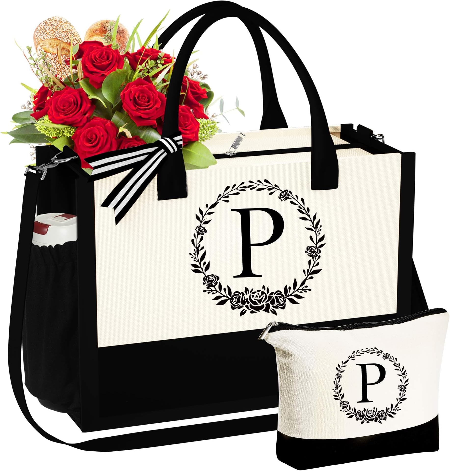 YOOLIFE Initial Cotton Tote Bag with Makeup Bag Beach Tote Bag with Zipper Adjustable Strap Birthday Gifts for Women Mom