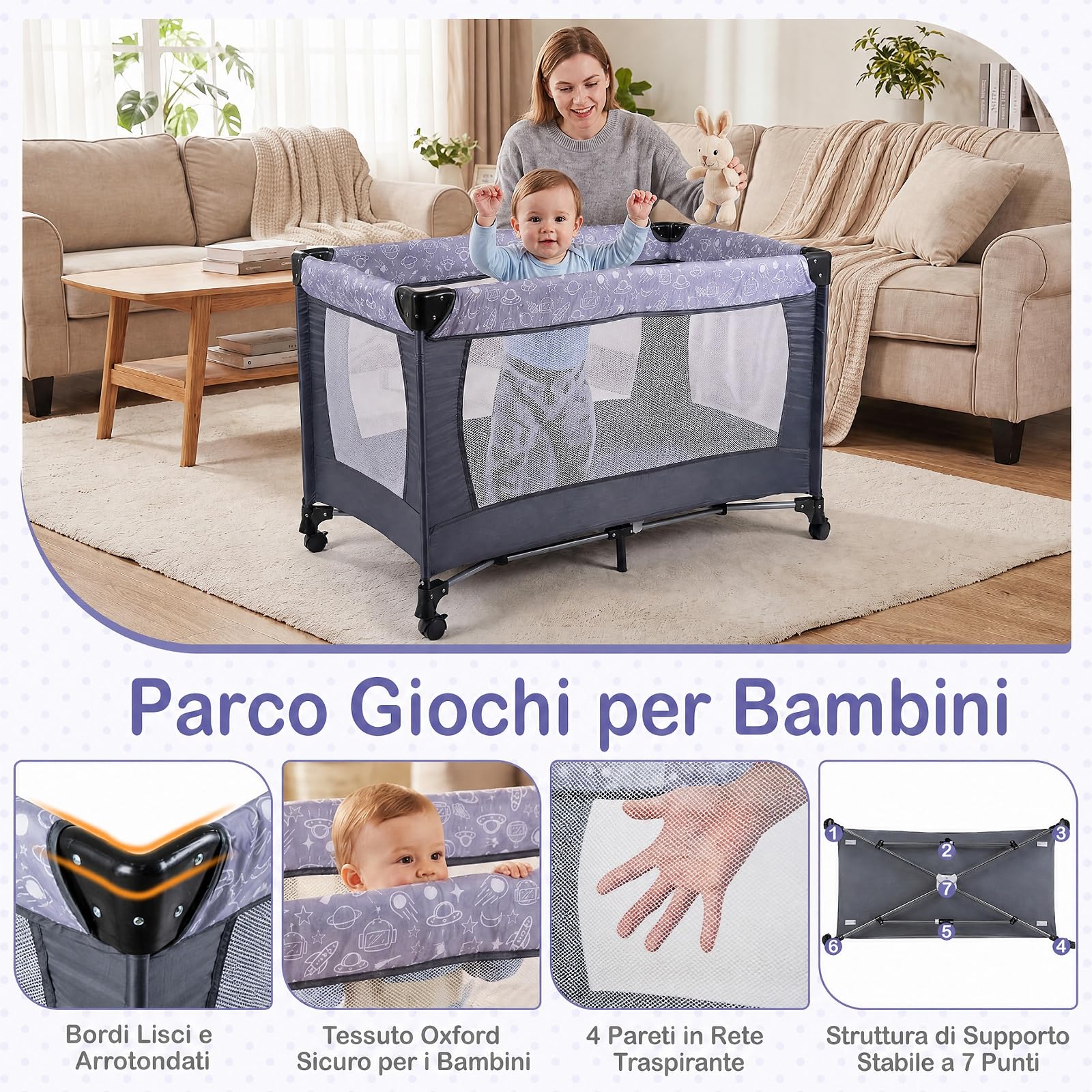 COSTWAY Lettino Pieghevole da Viaggio per Bambini, con Materasso e Ruote | Fasciatoio con Cintura di Sicurezza, Recinto e Tasca Portaoggetti, Lettino con Barra Giocattoli e Scatola Musica, 0-3 Anni
