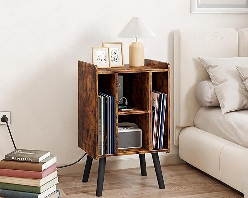 Miniatura 3 de Yusong Soporte para tocadiscos con estación de carga, mesa auxiliar Mid-Century Nightsand con armario de almacenamiento de discos de vinilo para
