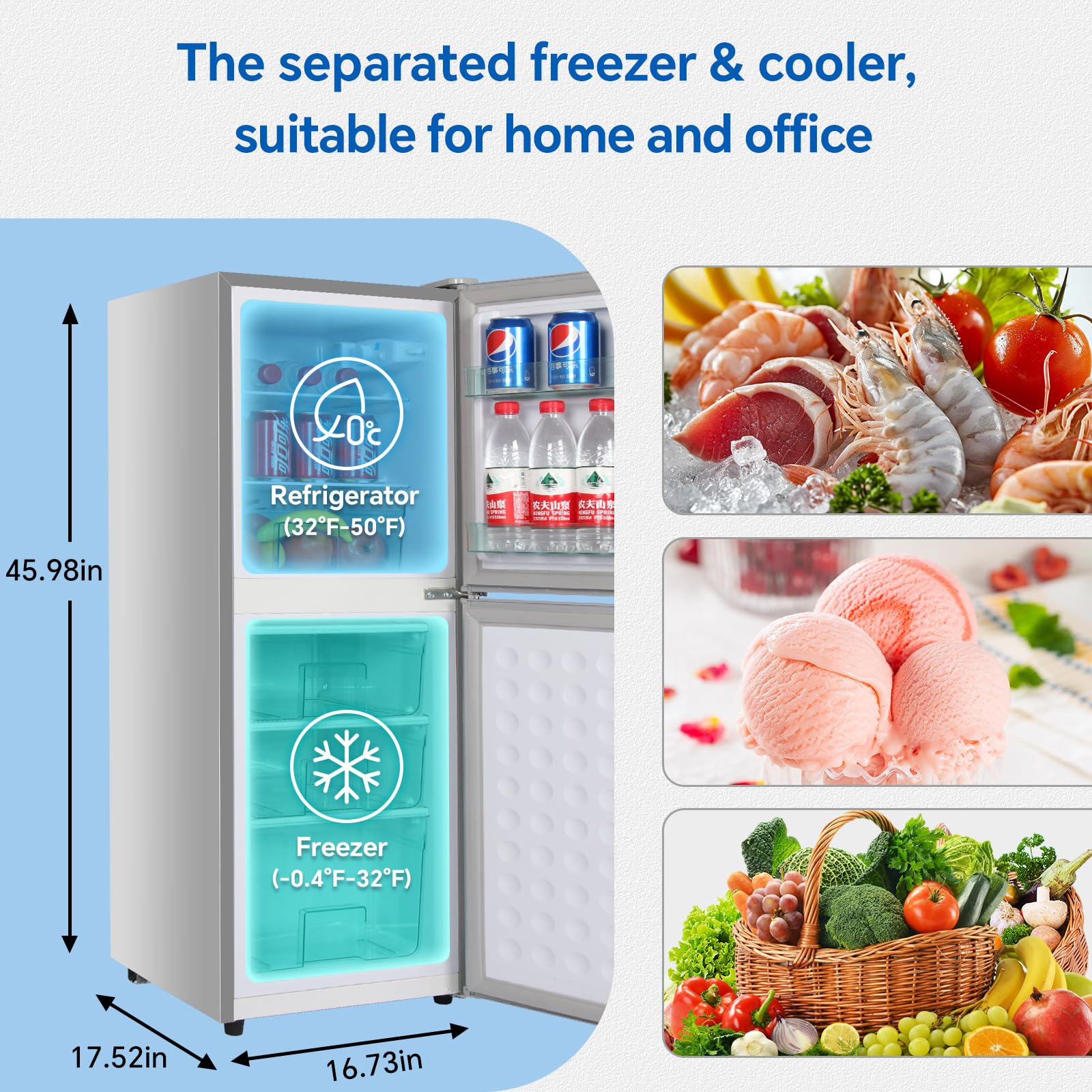 DRIXNO Mini Fridge with Freezer Silver 4.5 Cu.ft Apartment Size Refrigerator Compact Small for Bedroom, Office, Dorm, RV, Double-Door Design Bottom Freezer on Fridge.com