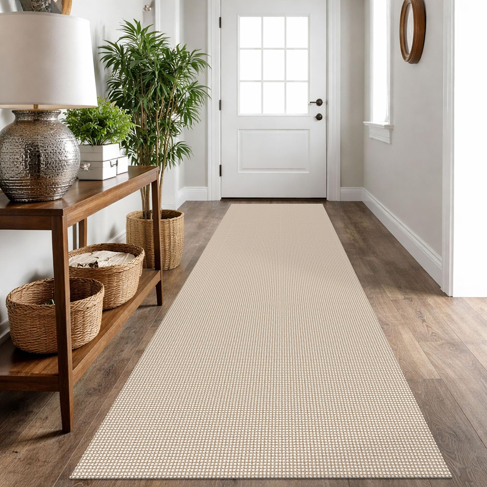 IOHOUZE Washable Runner Rug 2.6x10 Non Slip Rubber Backed Long Hallway Runner Entryway Runner Indoor, Kitchen Rugs Woven Cotton Floor Carpet for Hall Entrance, Cream/Beige