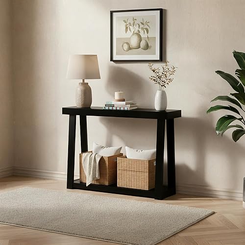 Miniatura 9 de Plank+Beam Mesa de consola de madera maciza con almacenamiento, 46 pulgadas, mesa de sofá con estante, mesa estrecha de entrada para pasillo, detrás
