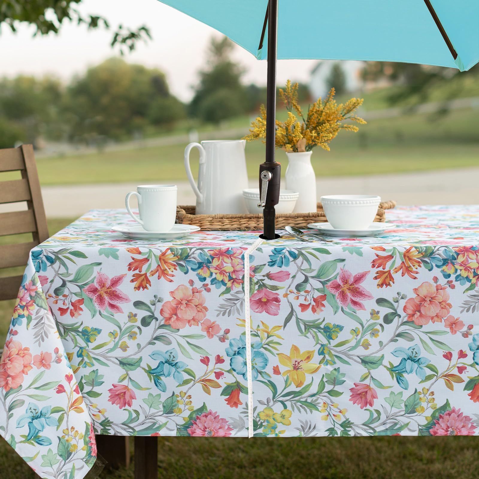 Benson Mills Spillproof Spring/Summer Fabric Outdoor Tablecloth with Umbrella Hole, Zippered Table Cloth for Rectangle Tables, Picnic/Patio Table (60" x 84" Rectangular with Umbrella Hole, Jillian)