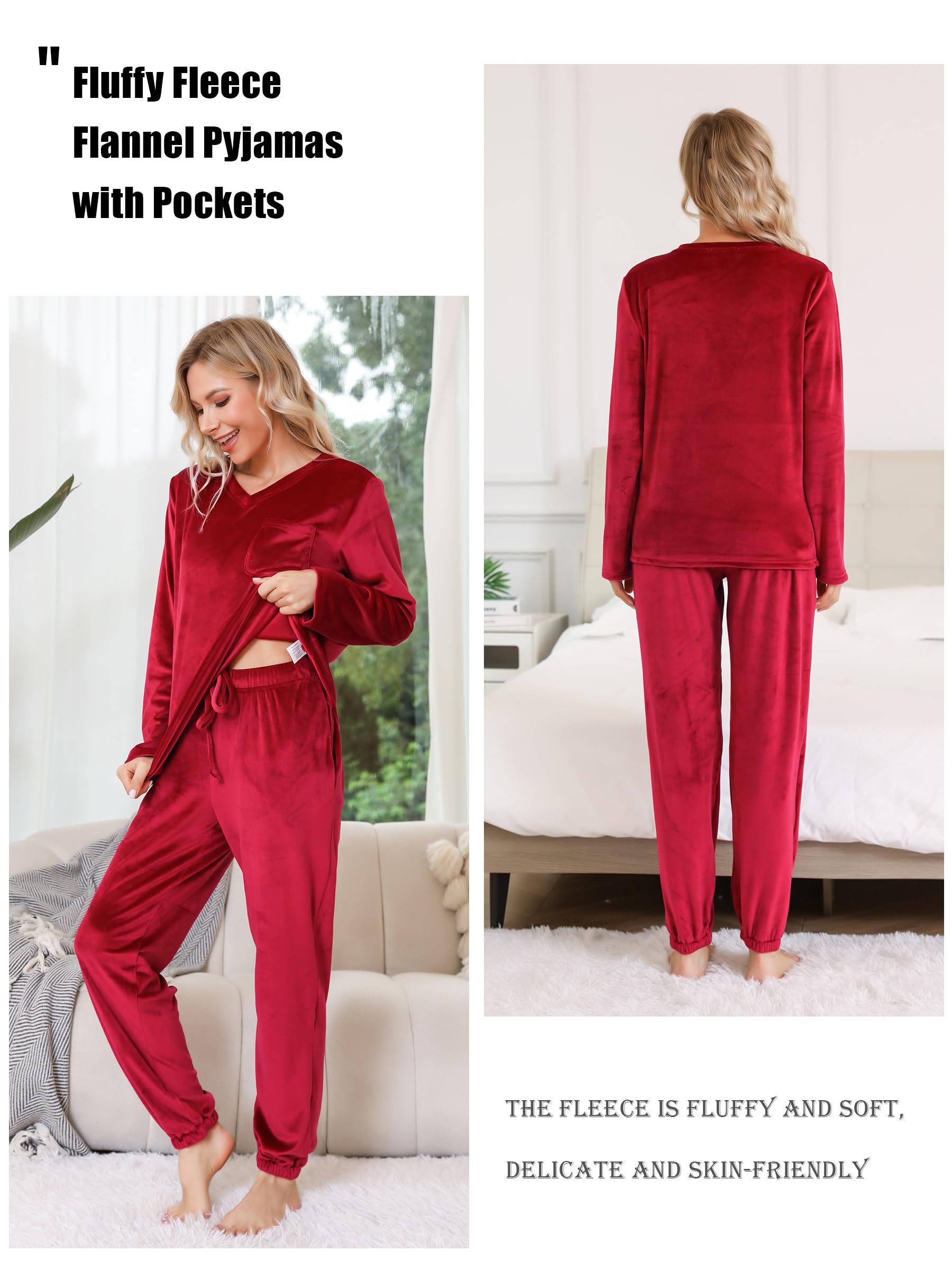Lovasy Pyjama Polaire Femme Ensemble de Pyjama Hiver Chaud et Moelleux avec Poches Vêtements de Nuit à Manches Longue