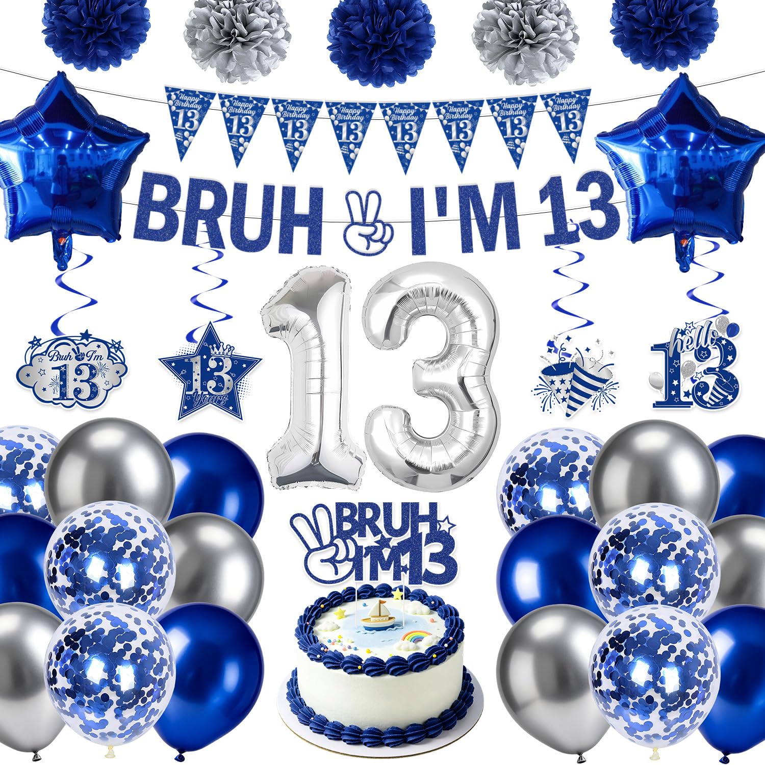 Eiapadeor 13th Birthday Decorations for Boys - 34 Pcs Blue Bruh I'M 13 Banners with Hanging Swirls Balloons Paper Pompoms Cake Toppers for Boys Happy 13 Years Old Birthday Party Decor Set